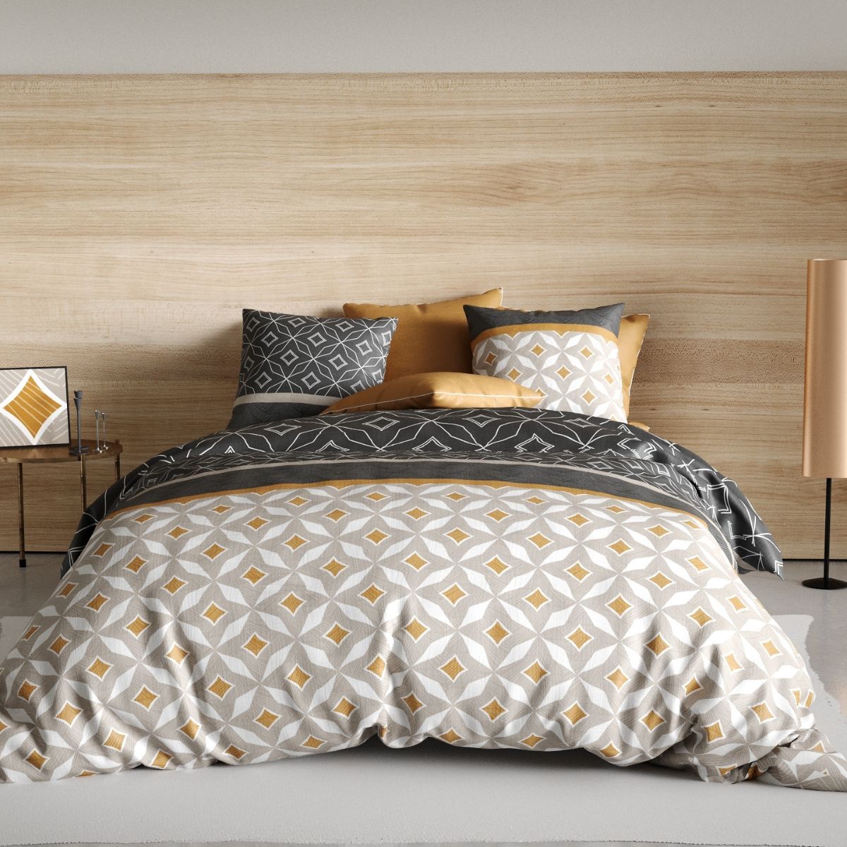 Parure Housse De Couette 240x220cm + 2 Taies Motif Graphique Taupe Et Jaune 100% Coton - Orlado