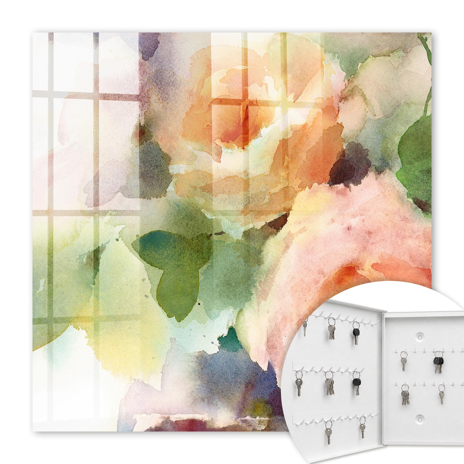 Armoire À Clés - (30 Cm X 30 Cm) - Boîte À Clés Murale - Coffret De Rangement Pour Clés - Couleur Blanche - Ouverture Vers La Gauche - Pour Maison Et Bureau - Motif Floral