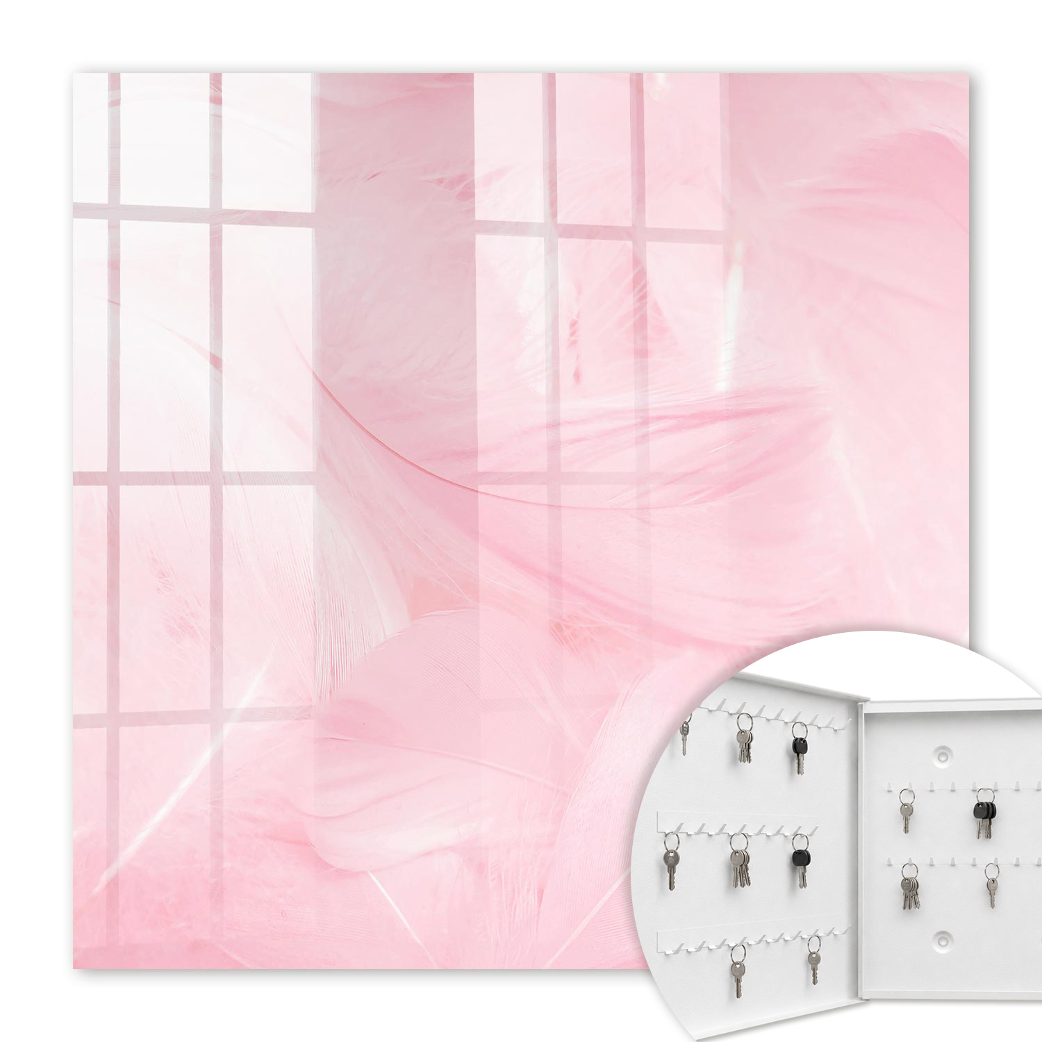 Armoire À Clés - (30 Cm X 30 Cm) - Boîte À Clés Murale - Coffret De Rangement Pour Clés - Couleur Blanche - Ouverture Vers La Gauche - Pour Maison Et Bureau - Plumes Roses