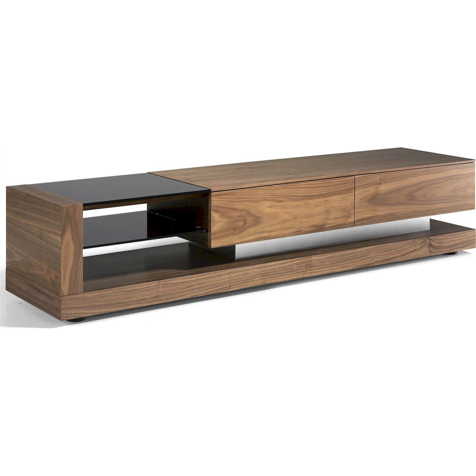 Meuble Tv Bois 2 Tiroirs Et 2 Espaces Ouverts De Rangement Insert Acier Poli Pieds Bois - Noyer, Noir