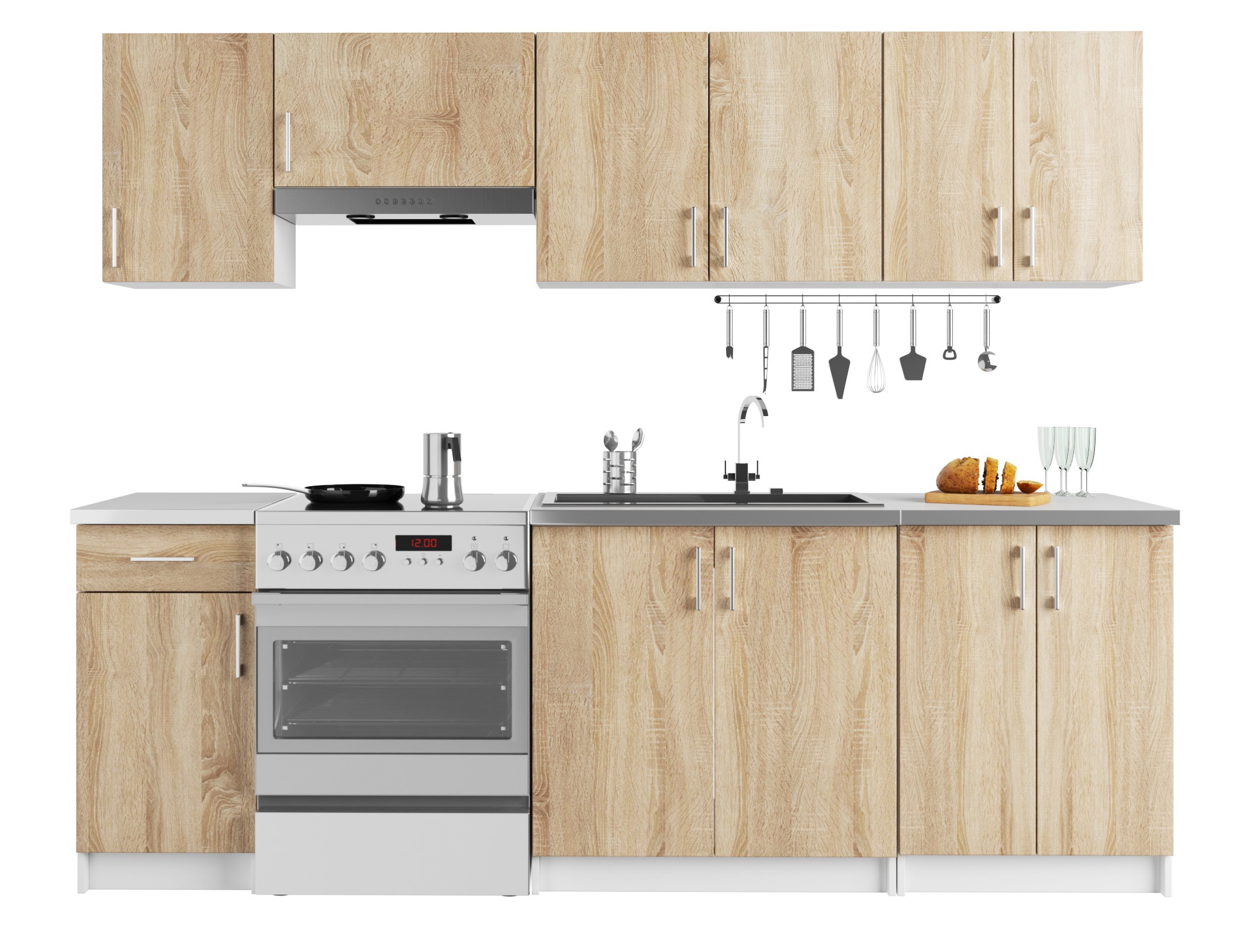 Ensemble De Cuisine Akord Lima Blanche 240 Cm 11 Portes 1 Tiroir Façade Chêne Sonoma 240x44,5x203 Cm