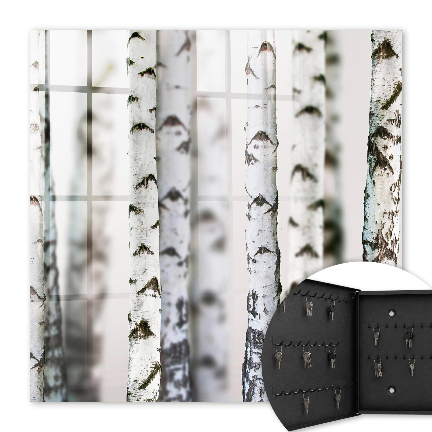Armoire À Clés - (30 Cm X 30 Cm) - Boîte À Clés Murale - Coffret De Rangement Pour Clés - Couleur Noire - Ouverture Vers La Gauche - Pour Maison Et Bureau - Troncs De Bouleau