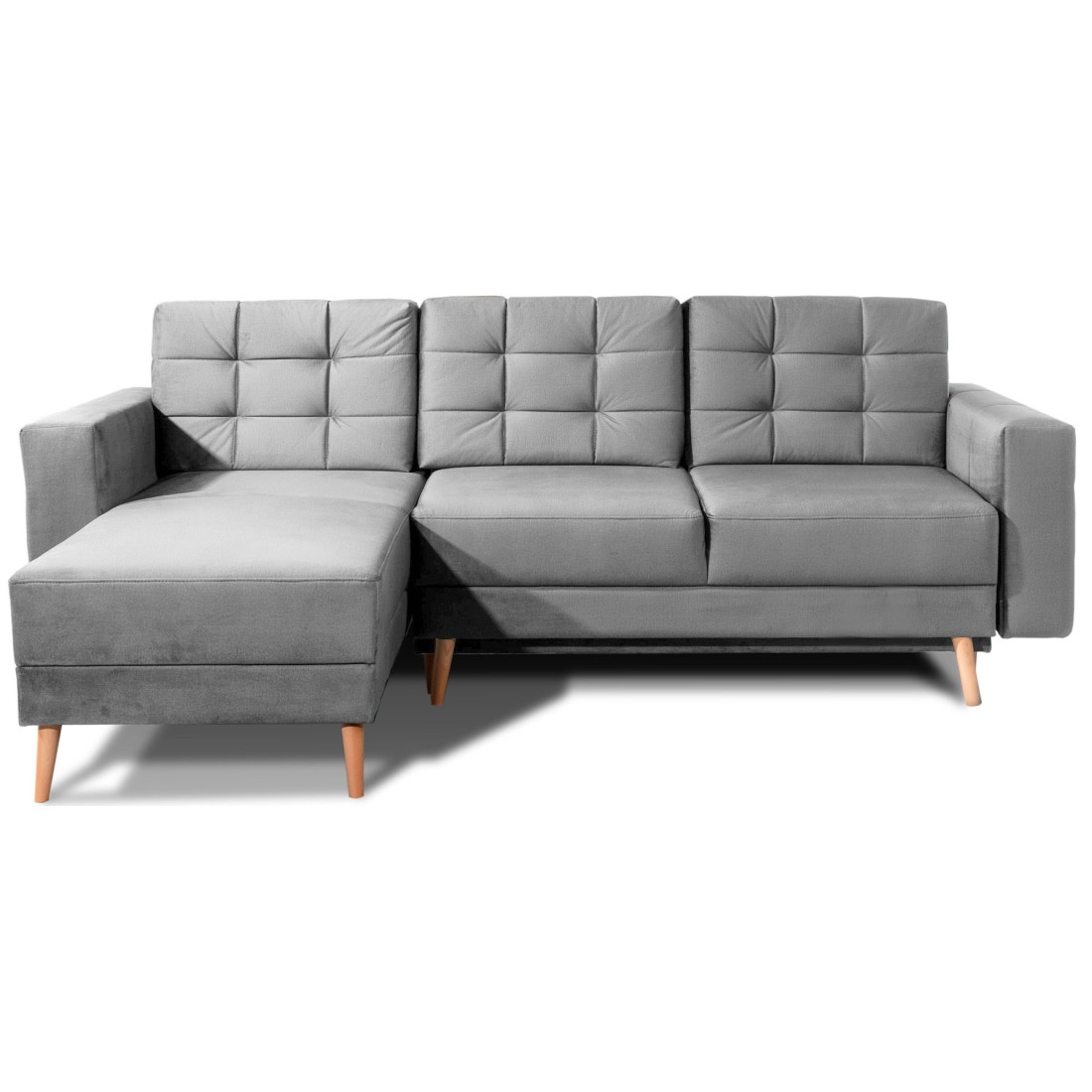 Canapé D'Angle Convertible Hasgard 3 Places Gris 248x162 Cm - Coffre Et Pieds Bois