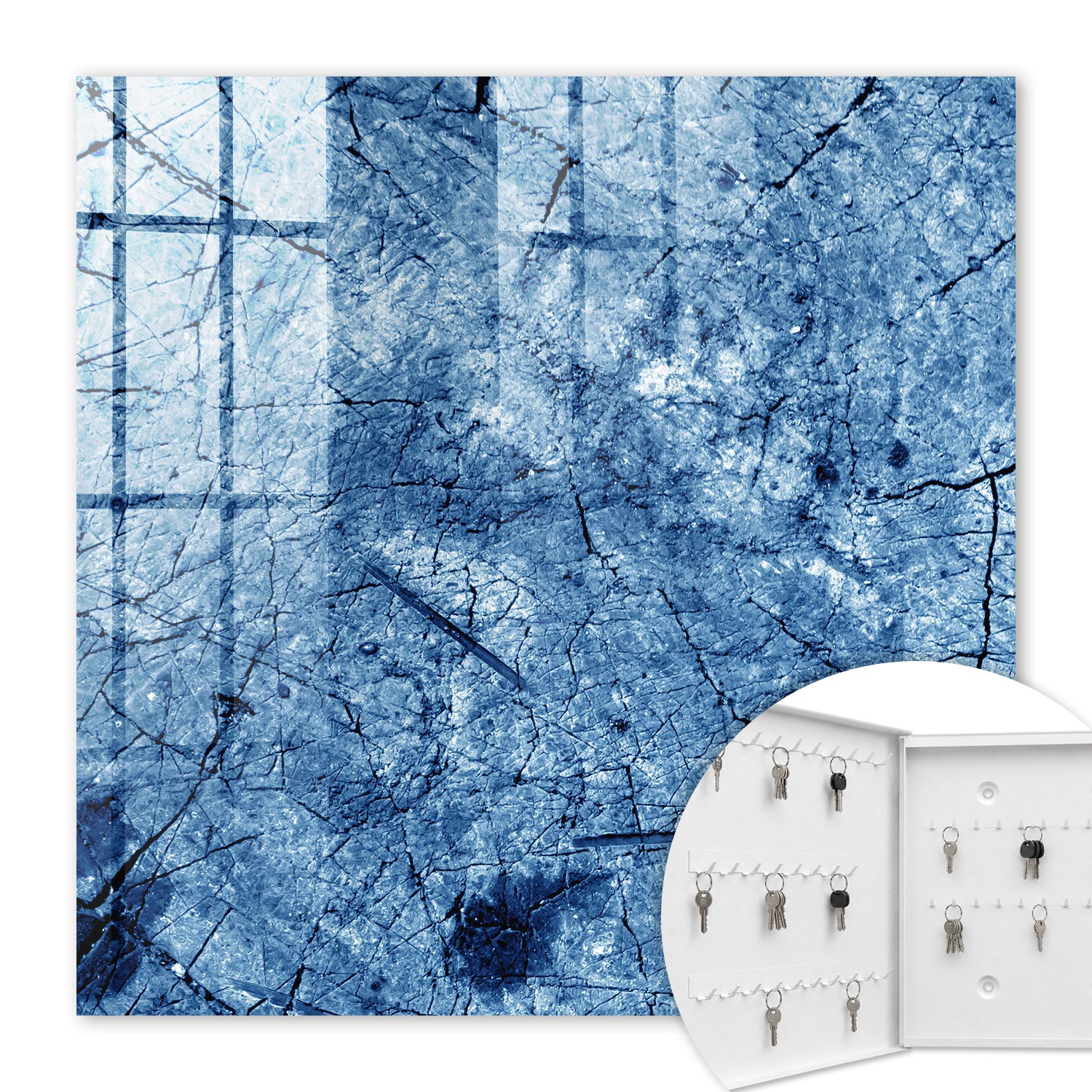 Armoire À Clés - (30 Cm X 30 Cm) - Boîte À Clés Murale - Coffret De Rangement Pour Clés - Couleur Blanche - Ouverture Vers La Gauche - Pour Maison Et Bureau - Texture Bleue