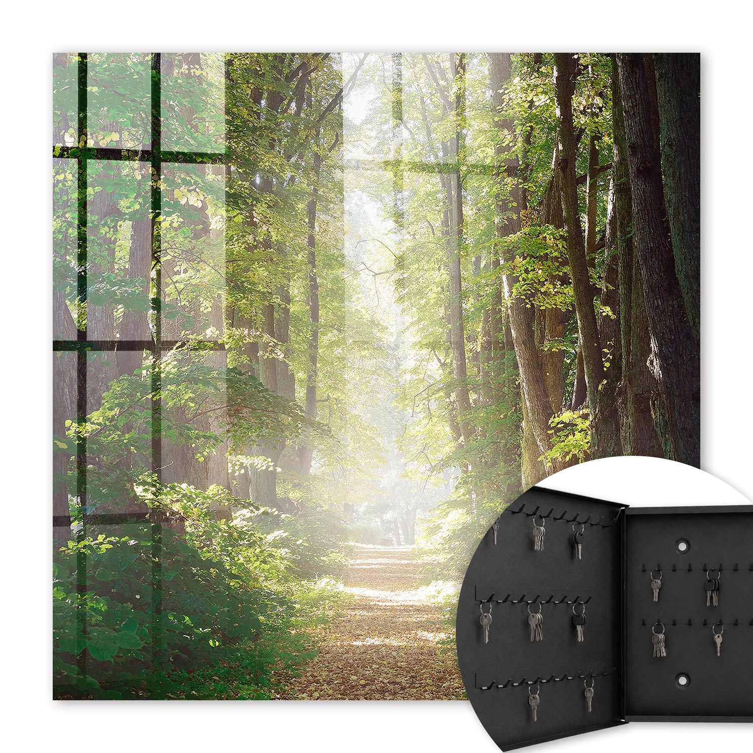 Armoire À Clés - (30 Cm X 30 Cm) - Boîte À Clés Murale - Coffret De Rangement Pour Clés - Couleur Noire - Ouverture Vers La Gauche - Pour Maison Et Bureau - Paysage Forestier