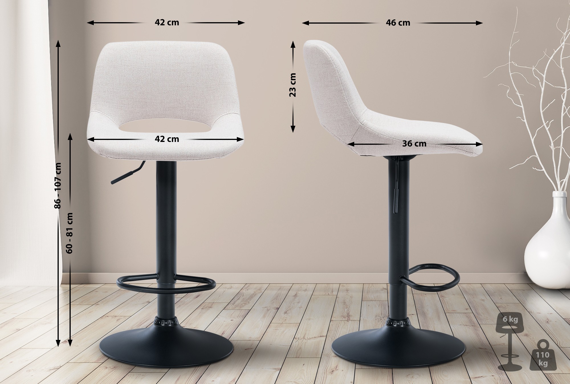 Lot De 2 Tabourets De Bar Camden Tissu Noir Crème