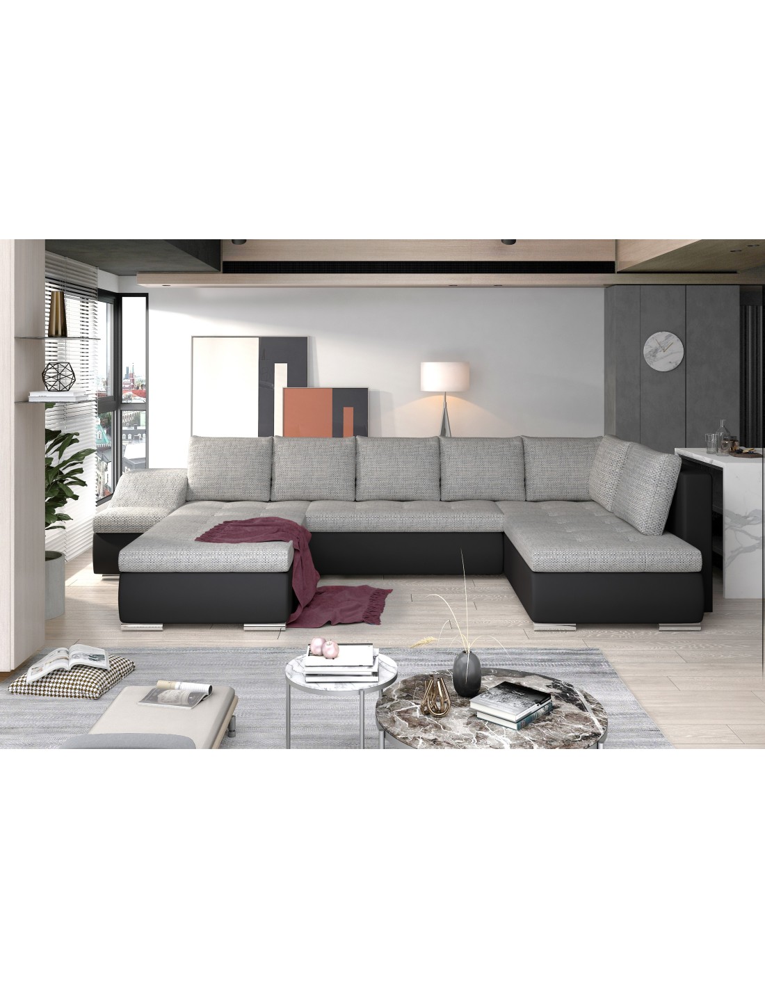 Canapé Panoramique Gyovani Gris Clair Et Noir Angle Gauche Convertible Mousse T30