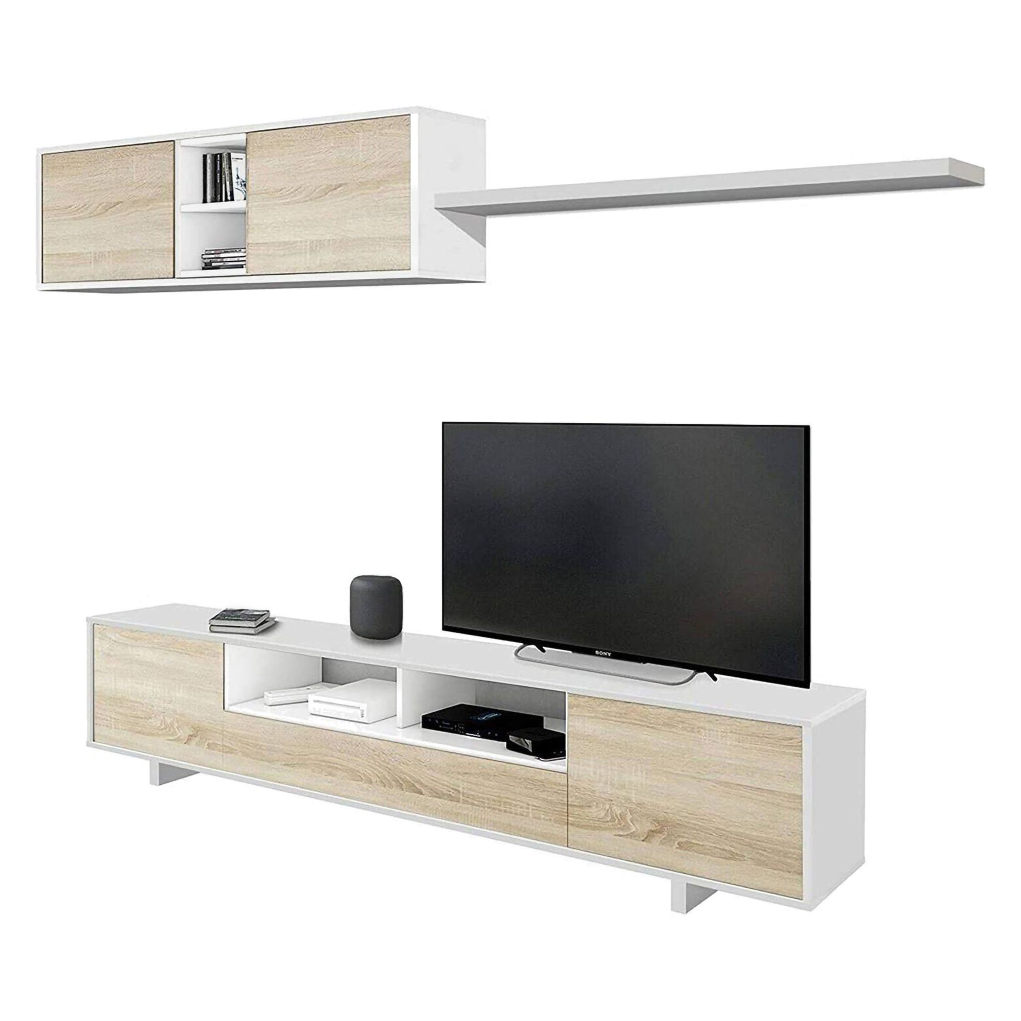 Meuble Tv Effet Bois Blanc Brillant, Beige 200x41 Cm
