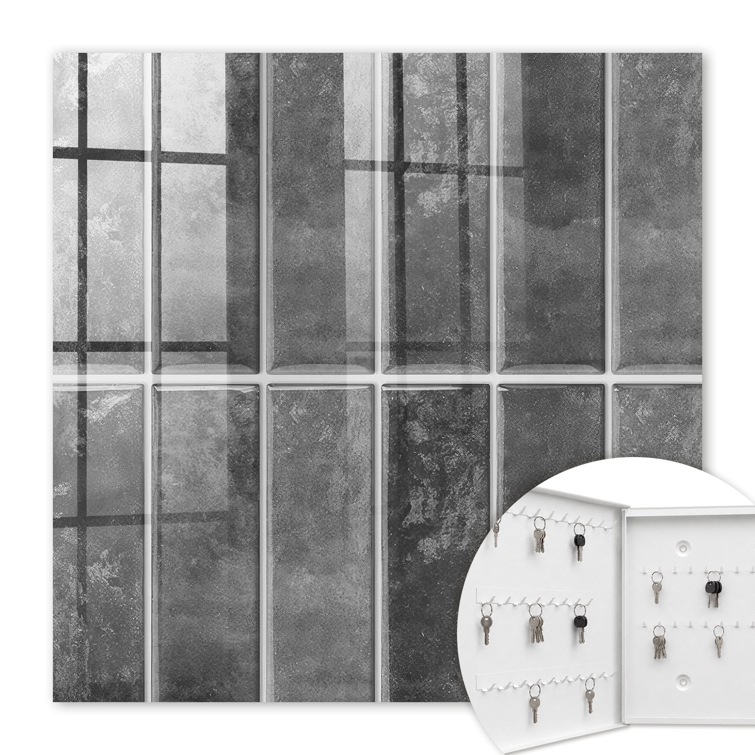 Armoire À Clés - (30 Cm X 30 Cm) - Boîte À Clés Murale - Coffret De Rangement Pour Clés - Couleur Blanche - Ouverture Vers La Gauche - Pour Maison Et Bureau - Carreaux Gris