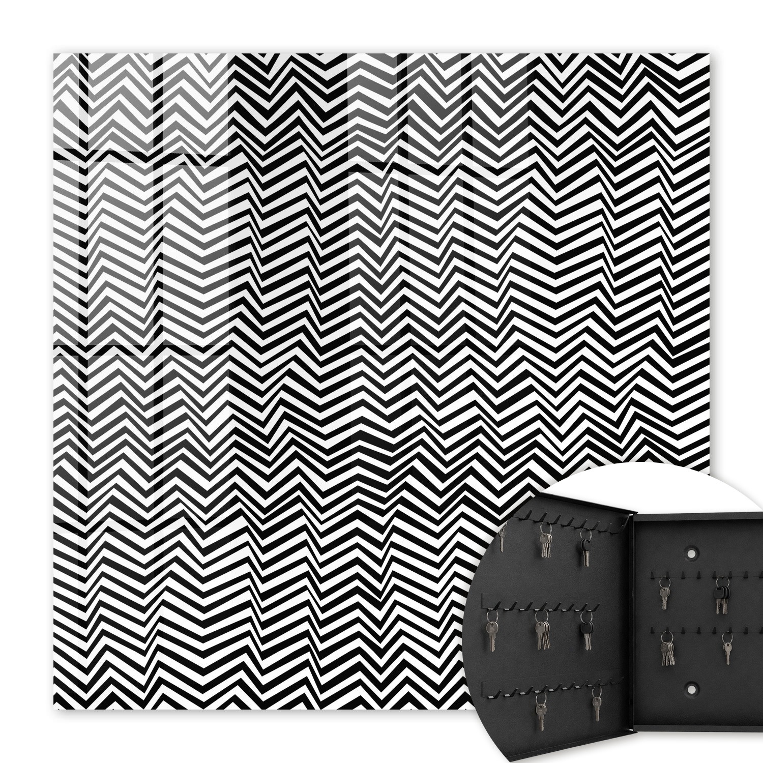 Armoire À Clés - (30 Cm X 30 Cm) - Boîte À Clés Murale - Coffret De Rangement Pour Clés - Couleur Noire - Ouverture Vers La Gauche - Pour Maison Et Bureau - Zigzags Dynamiques