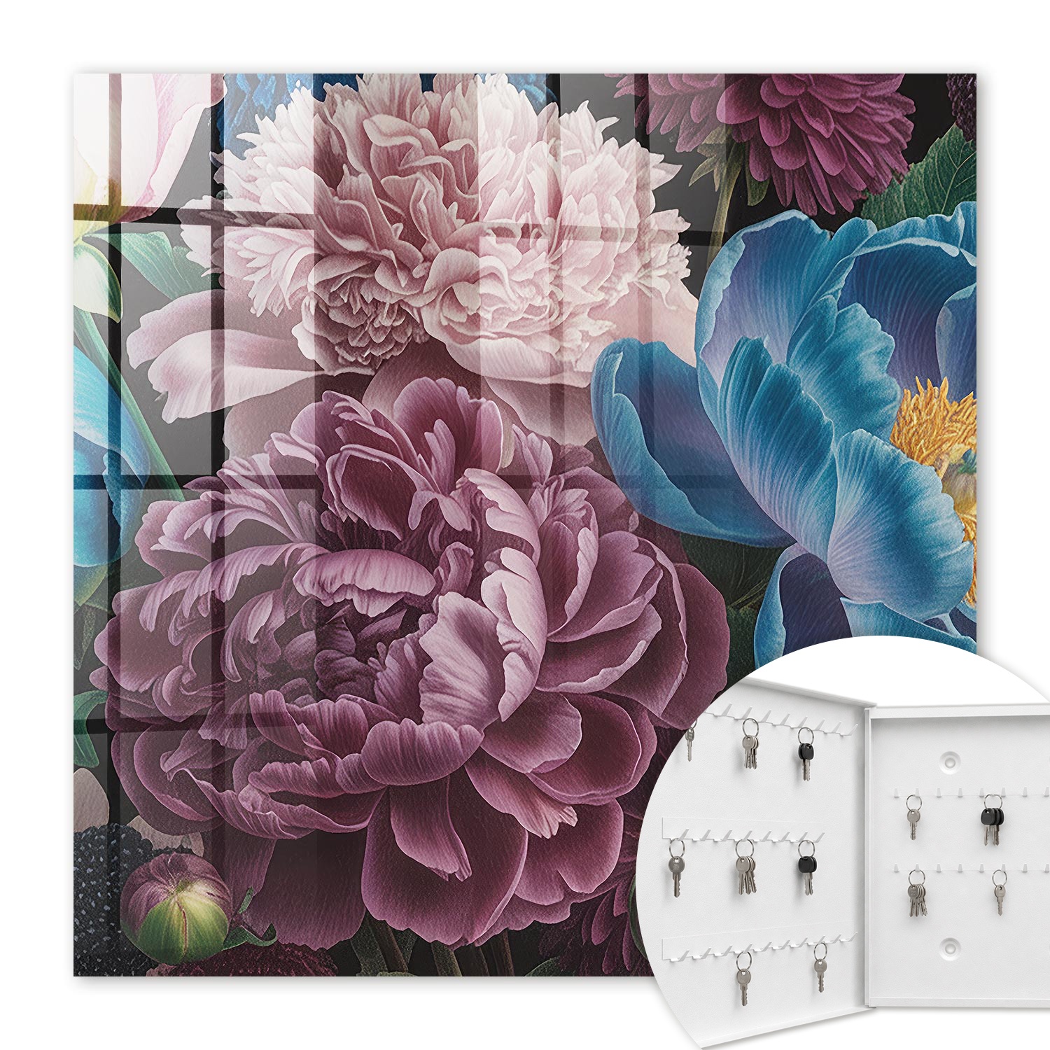 Armoire À Clés - (30 Cm X 30 Cm) - Boîte À Clés Murale - Coffret De Rangement Pour Clés - Couleur Blanche - Ouverture Vers La Gauche - Pour Maison Et Bureau - Fleurs Colorées