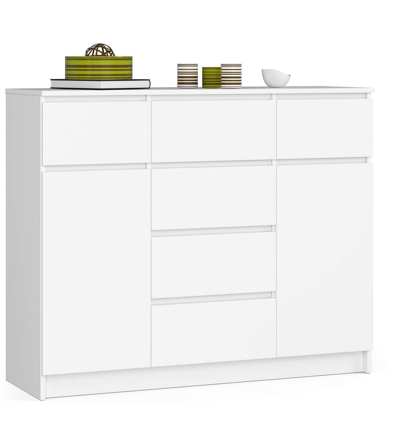 Commode Akord K017 Blanche 120 Cm 2 Portes 6 Tiroirs Façade Blanche 4 Étagères 120x40x99 Cm