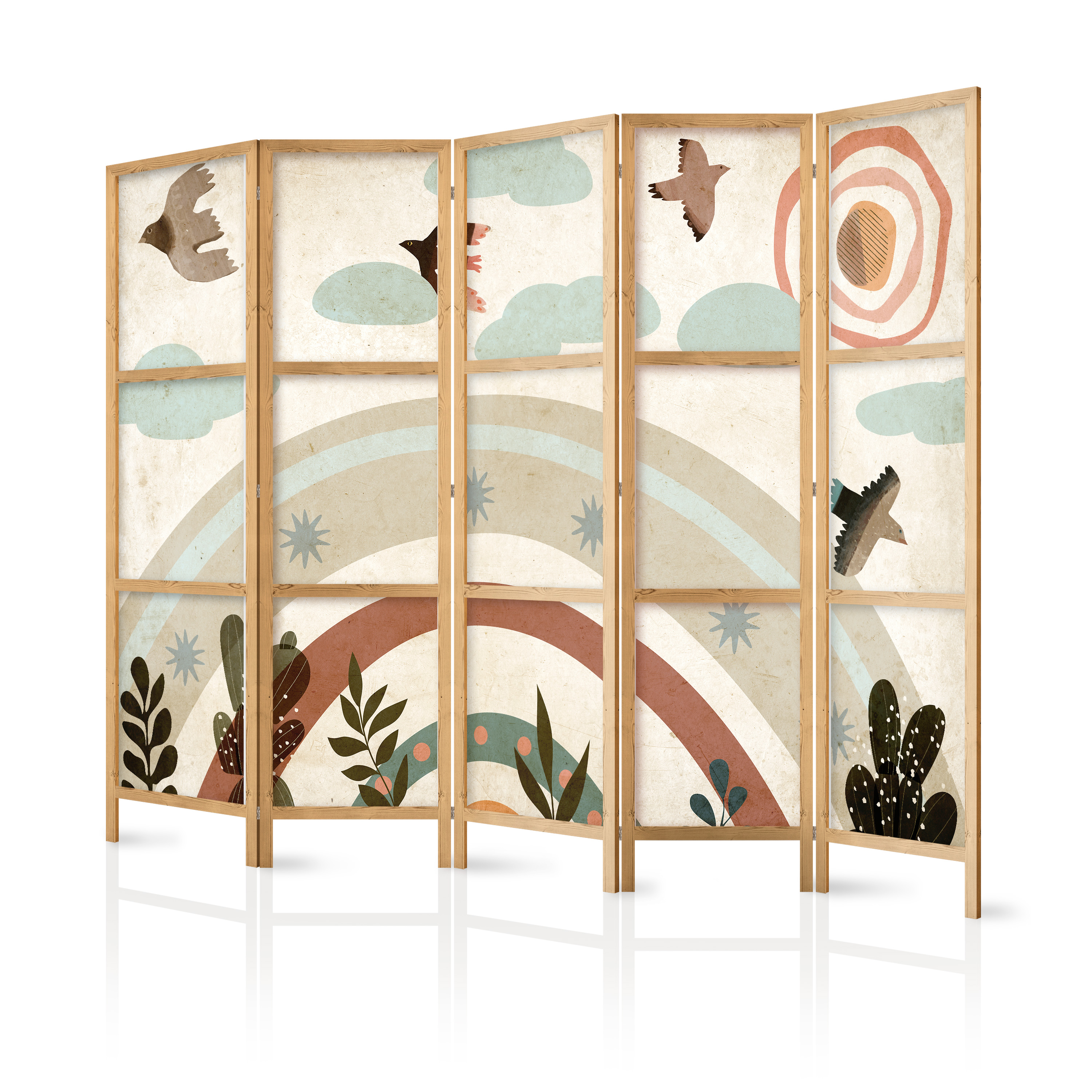 Paravent Japonais -oiseaux Aux Couleurs Tamisées Au-dessus D'un Arc-en-ciel. 225x172
