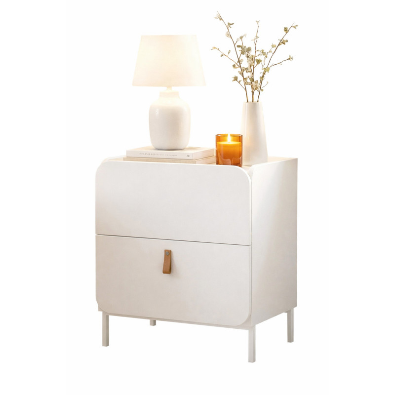 Chevet - Bout De Canapé Blanc 2 Tiroirs Dessus Crédence L 50 H 55.5 P 37 Cm