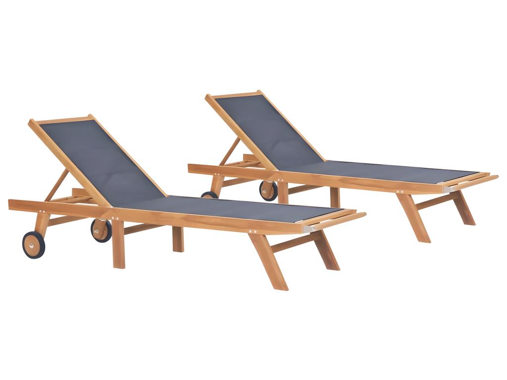 Chaises Longues Transat Pliables Avec Roulettes 2 Pièes Teck Et Textilène 02_0011955