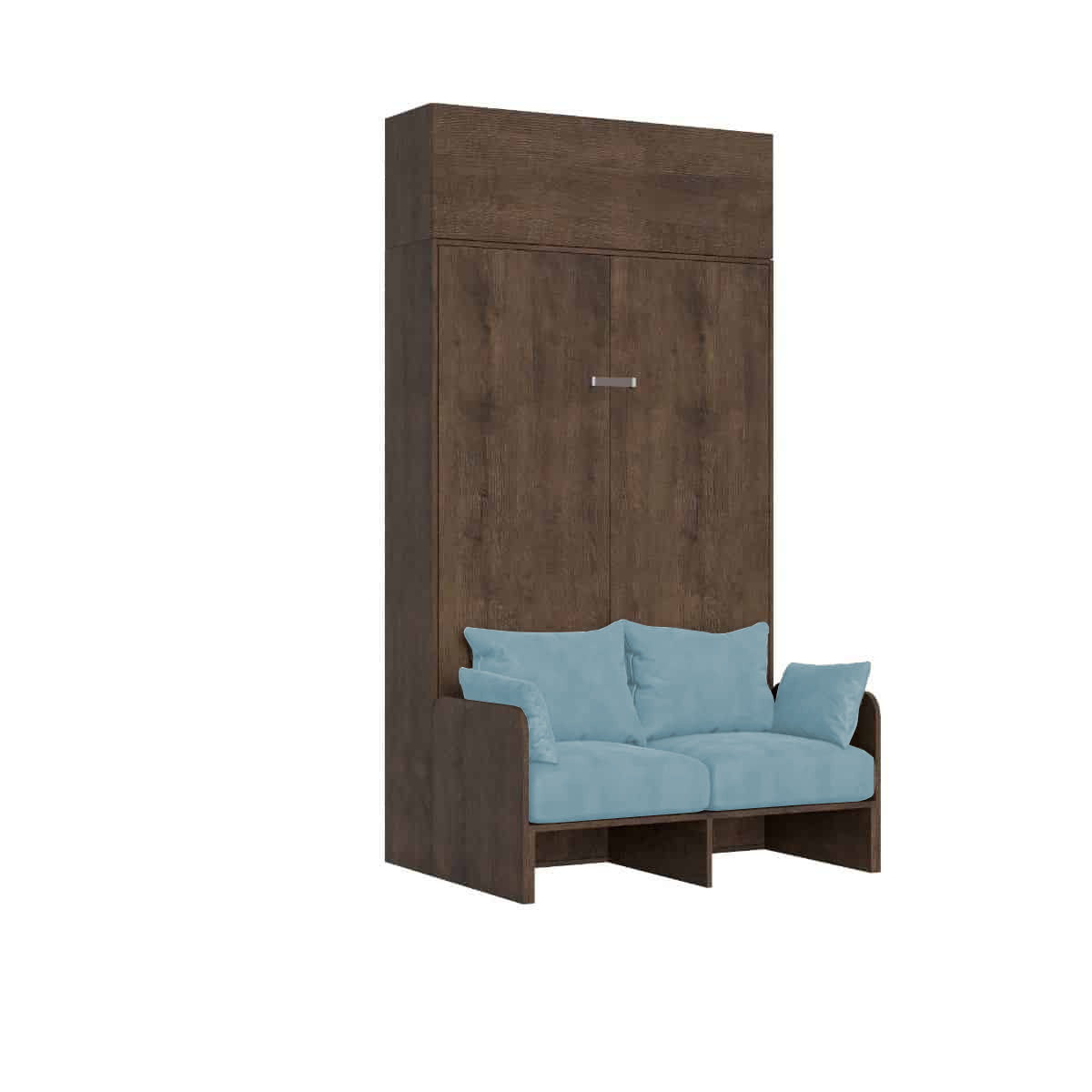 Lit Double Escamotable Français Kentaro 140 Cm Avec Canapé Et Élément Mural En Noyer, Bleu Clair