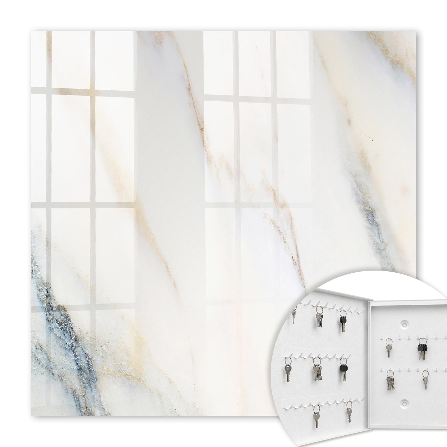 Armoire À Clés - (30 Cm X 30 Cm) - Boîte À Clés Murale - Coffret De Rangement Pour Clés - Couleur Blanche - Ouverture Vers La Gauche - Pour Maison Et Bureau - Effet Marbré