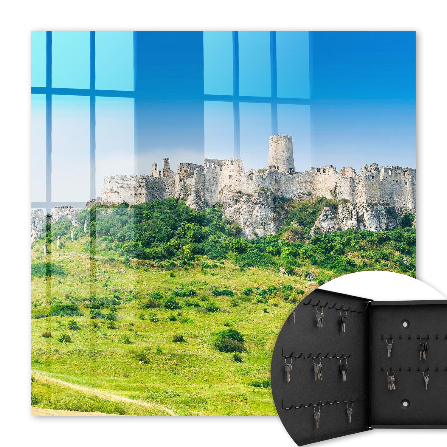 Armoire À Clés - (30 Cm X 30 Cm) - Boîte À Clés Murale - Coffret De Rangement Pour Clés - Couleur Noire - Ouverture Vers La Gauche - Pour Maison Et Bureau - Château De Pierre