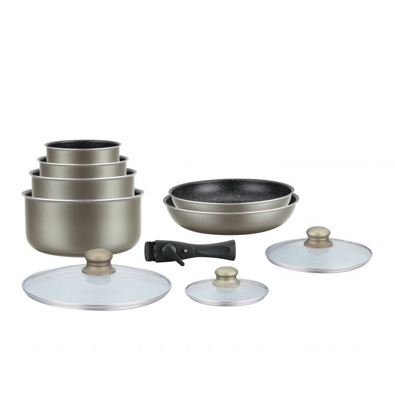 Batterie De Cuisine Revetement Pierre Avec Manche Amovible 10 Pieces Carbon Herzberg Hg5000-car