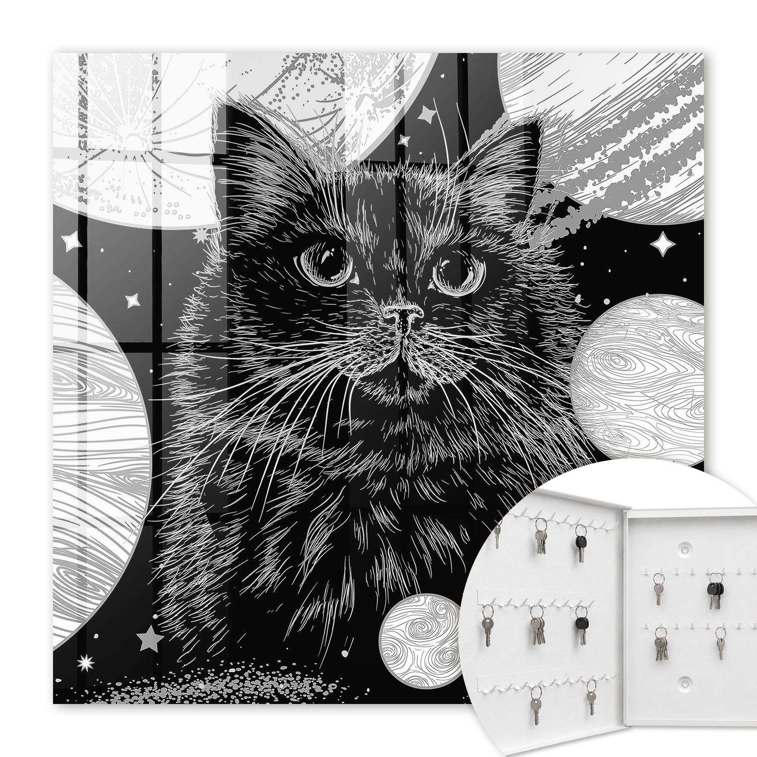 Armoire À Clés - (30 Cm X 30 Cm) - Boîte À Clés Murale - Coffret De Rangement Pour Clés - Couleur Blanche - Ouverture Vers La Gauche - Pour Maison Et Bureau - Chat De L'Espace
