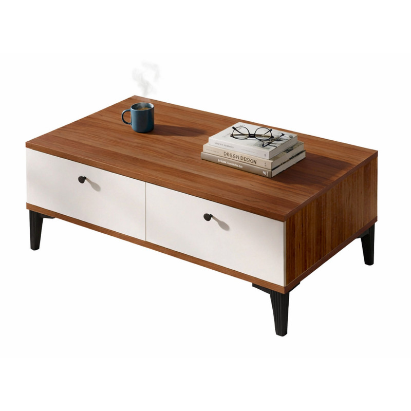 Table Basse Beaux Meubles Pas Chers 2 Abattants 2 Niches 90 X 38,6 X 60 Cm Noyer Blanc Écru Mélaminé