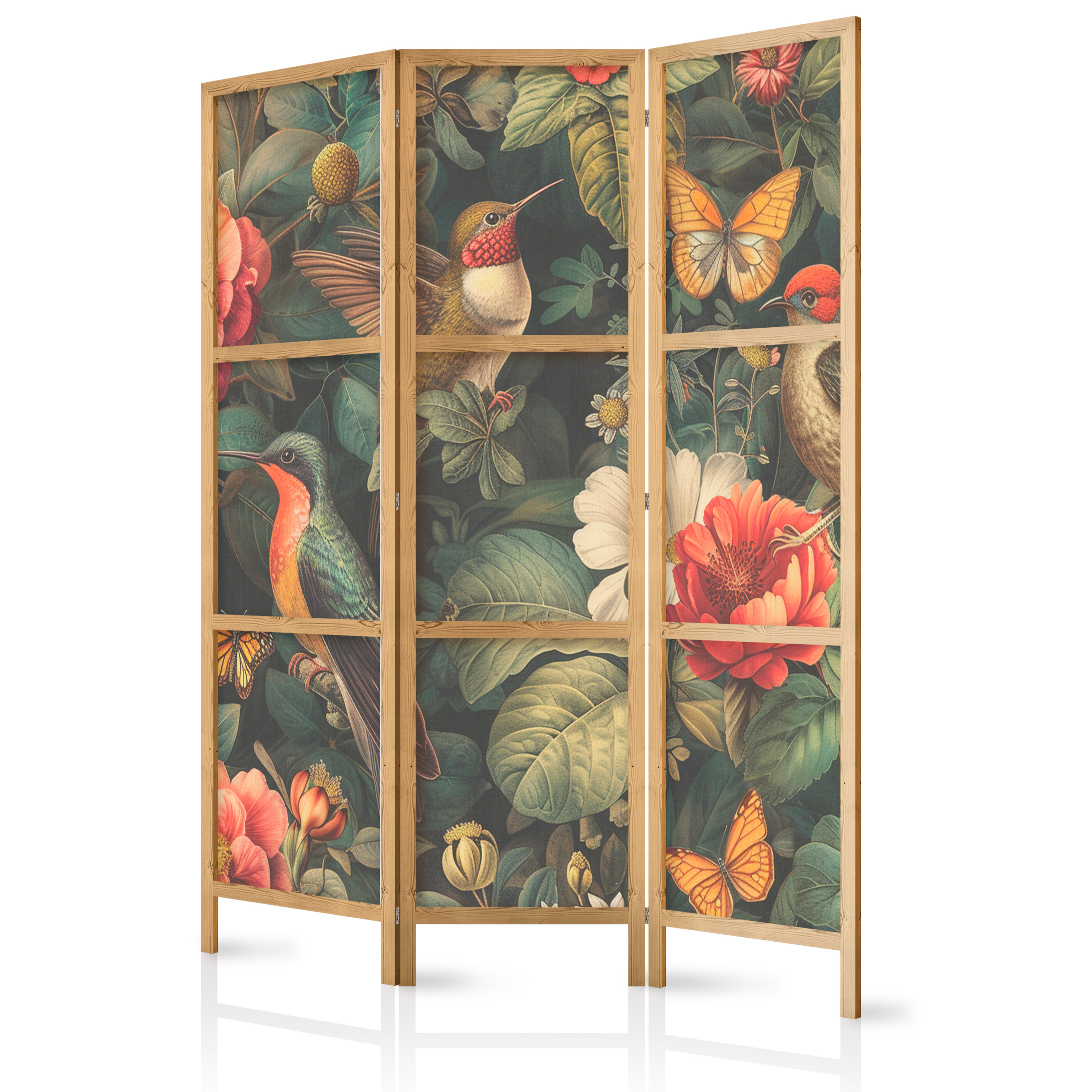 Paravent Japonais -fleurs Oiseaux Et Papillons - Illustration Colorée 135x172