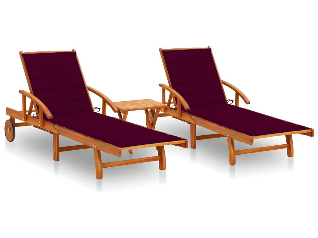 Lot De 2 Transats Chaise Longue Bain De Soleil Lit De Jardin Terrasse Meuble D'extérieur Avec Table Et Coussins Acacia S