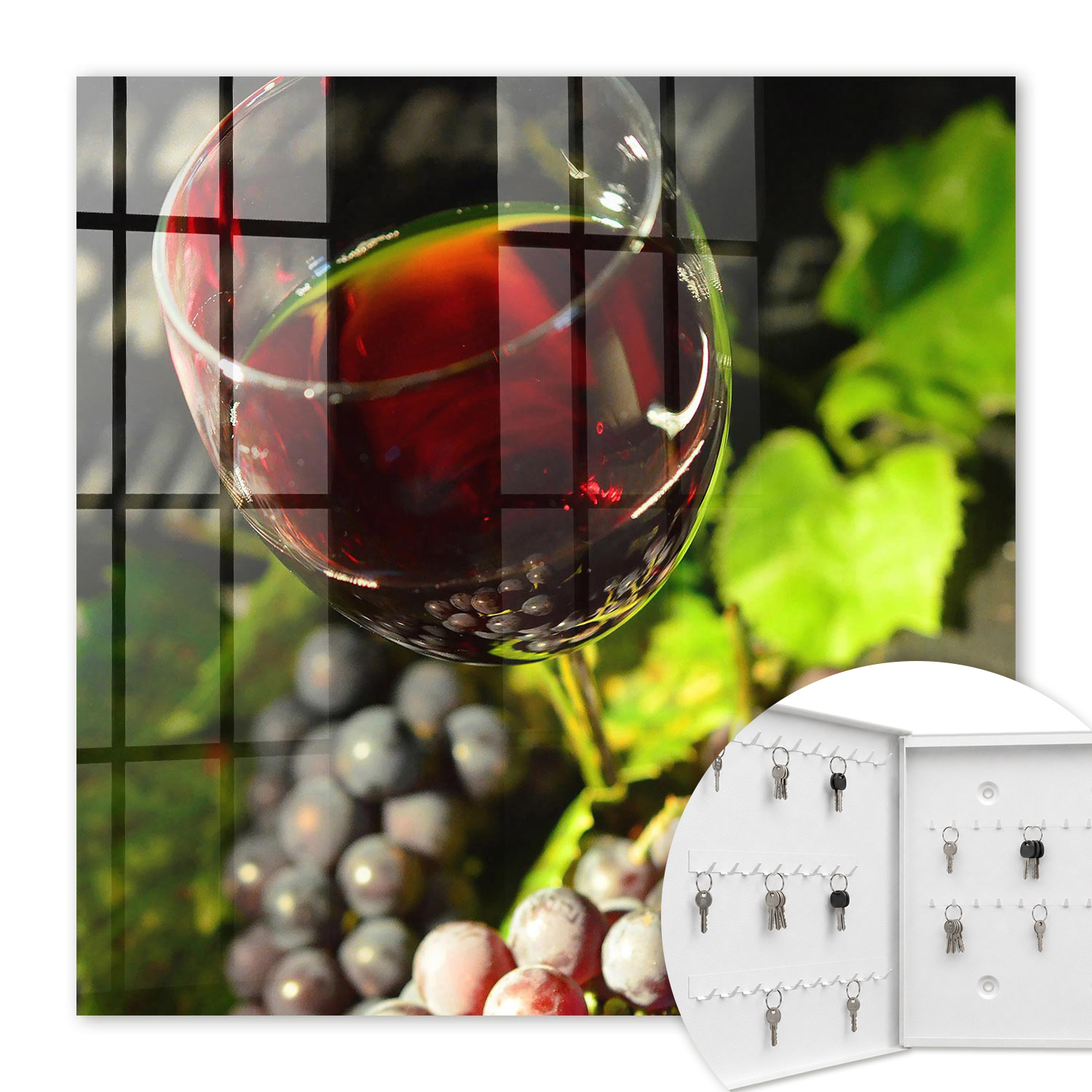 Armoire À Clés - (30 Cm X 30 Cm) - Boîte À Clés Murale - Coffret De Rangement Pour Clés - Couleur Blanche - Ouverture Vers La Gauche - Pour Maison Et Bureau - Raisins Et Vin