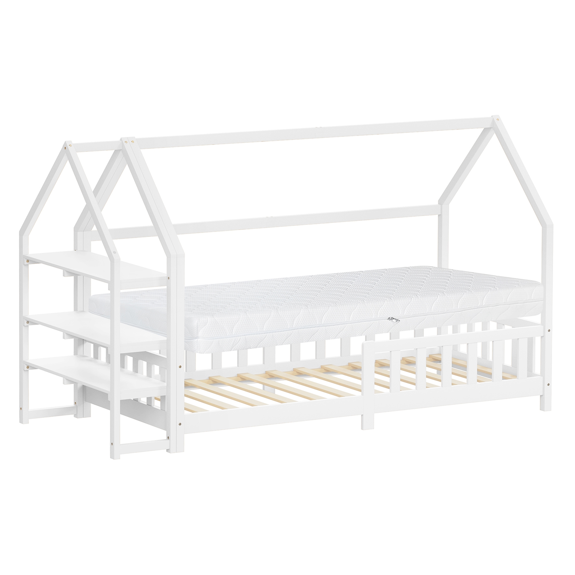 Ml-design Lit Cabane Enfant 90x200 Cm Blanc Bois De Pin Avec Matelas H16cm, Étagère, Antichute, Toit Et Sommier À Lattes, Style Maison, Couchage Au Sol Maisonnette Lit Simple Chambre Fille Garçon