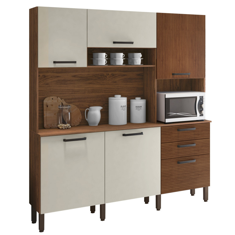 Buffet Cuisine Beaux Meubles Pas Chers 6 Portes 2 Tiroirs L 180,2 H 198 P 38,8 Cm Noyer Blanc Écru