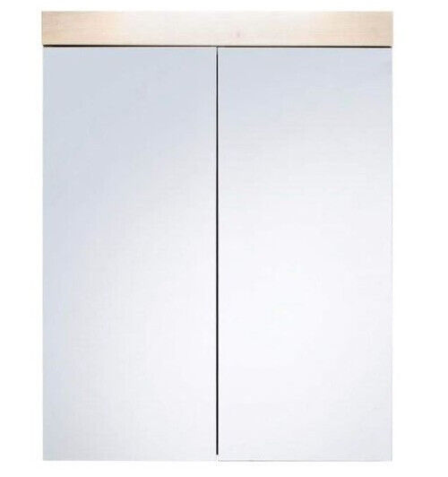 Amanda - Armoire De Toilette Murale - 2 Portes Miroir - Mélaminé Blanc - Bandeau Chêne L - H - P: 60 - 77 - 17 Cm