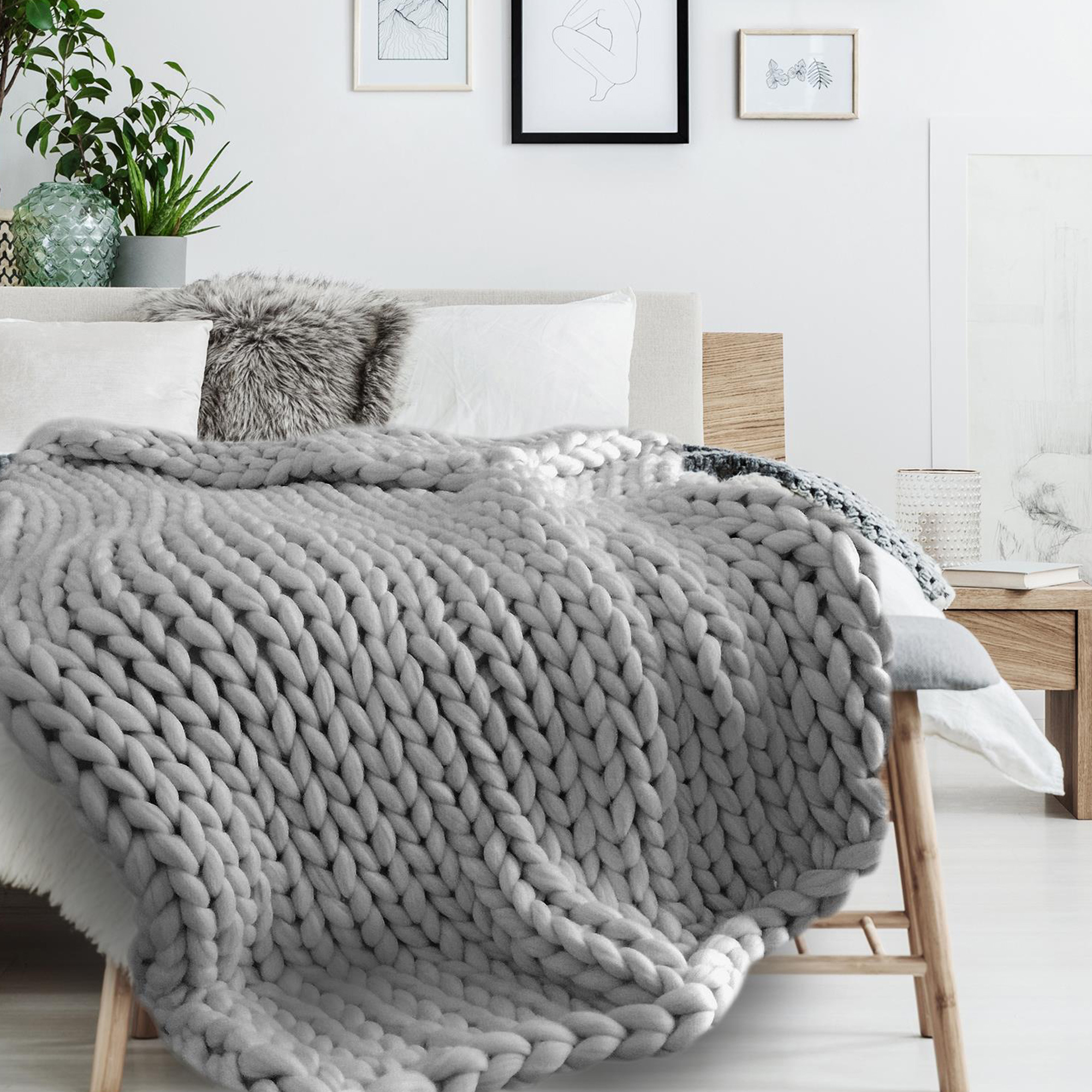 Plaid Tricoté Grosse Maille 120x150 Cm Chunky Gris