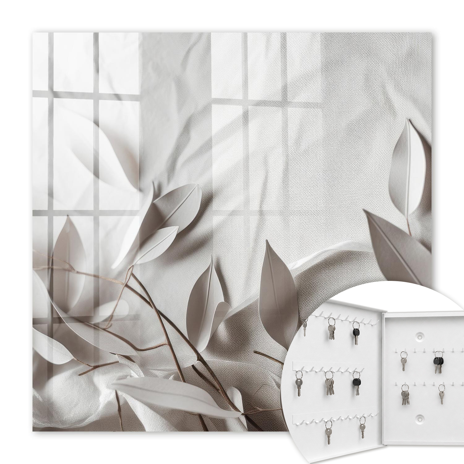 Armoire À Clés - (30 Cm X 30 Cm) - Boîte À Clés Murale - Coffret De Rangement Pour Clés - Couleur Blanche - Ouverture Vers La Gauche - Pour Maison Et Bureau - Tissu À Feuilles