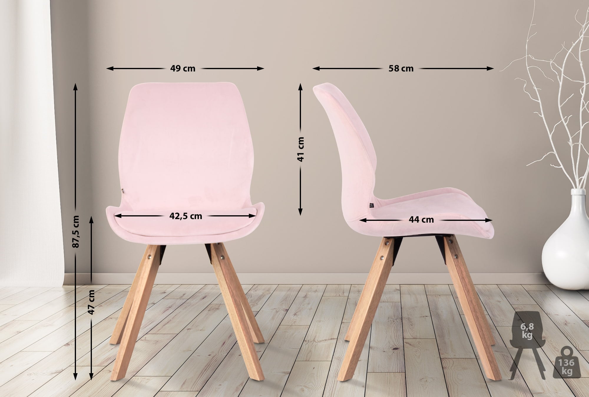 Lot De 2 Chaises Luna Velours Rose