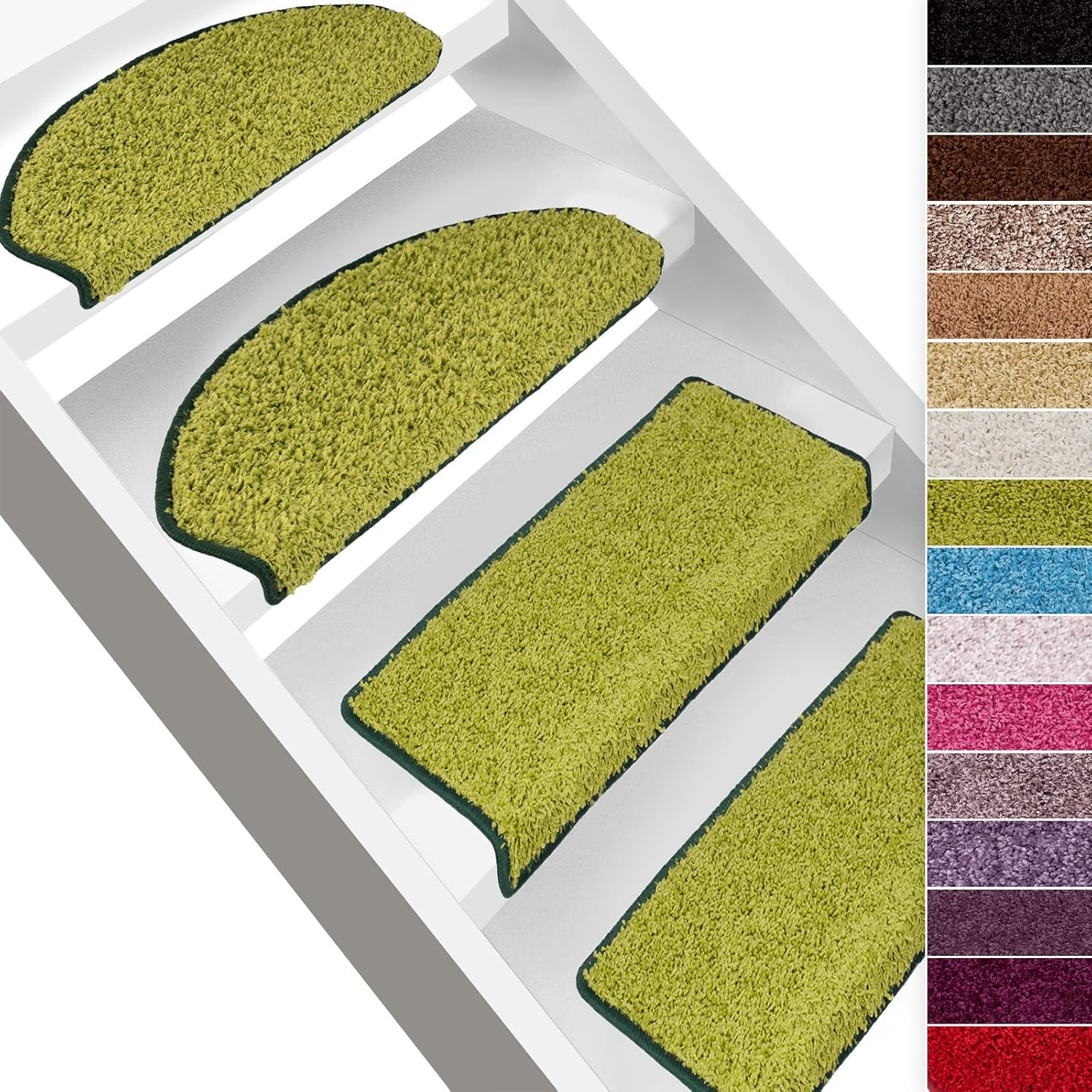 Tapis D'escalier Shaggy Barcelona Vert Demi-circulaire 23,5 X 65 Cm