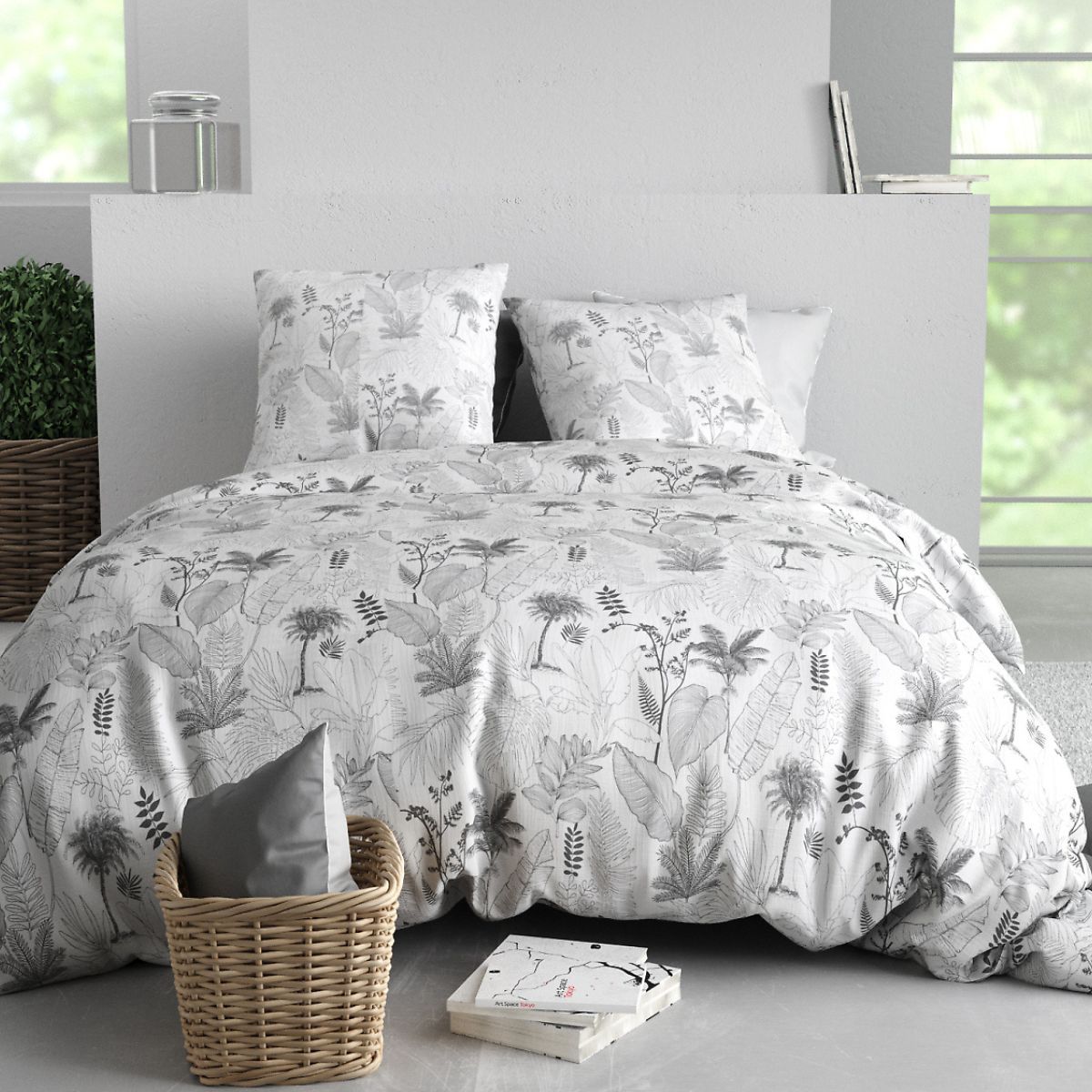 Parure Housse De Couette 260x240cm + 2 Taies Motif Feuillage Palmier Blanc Et Noir 100% Coton - Josselin