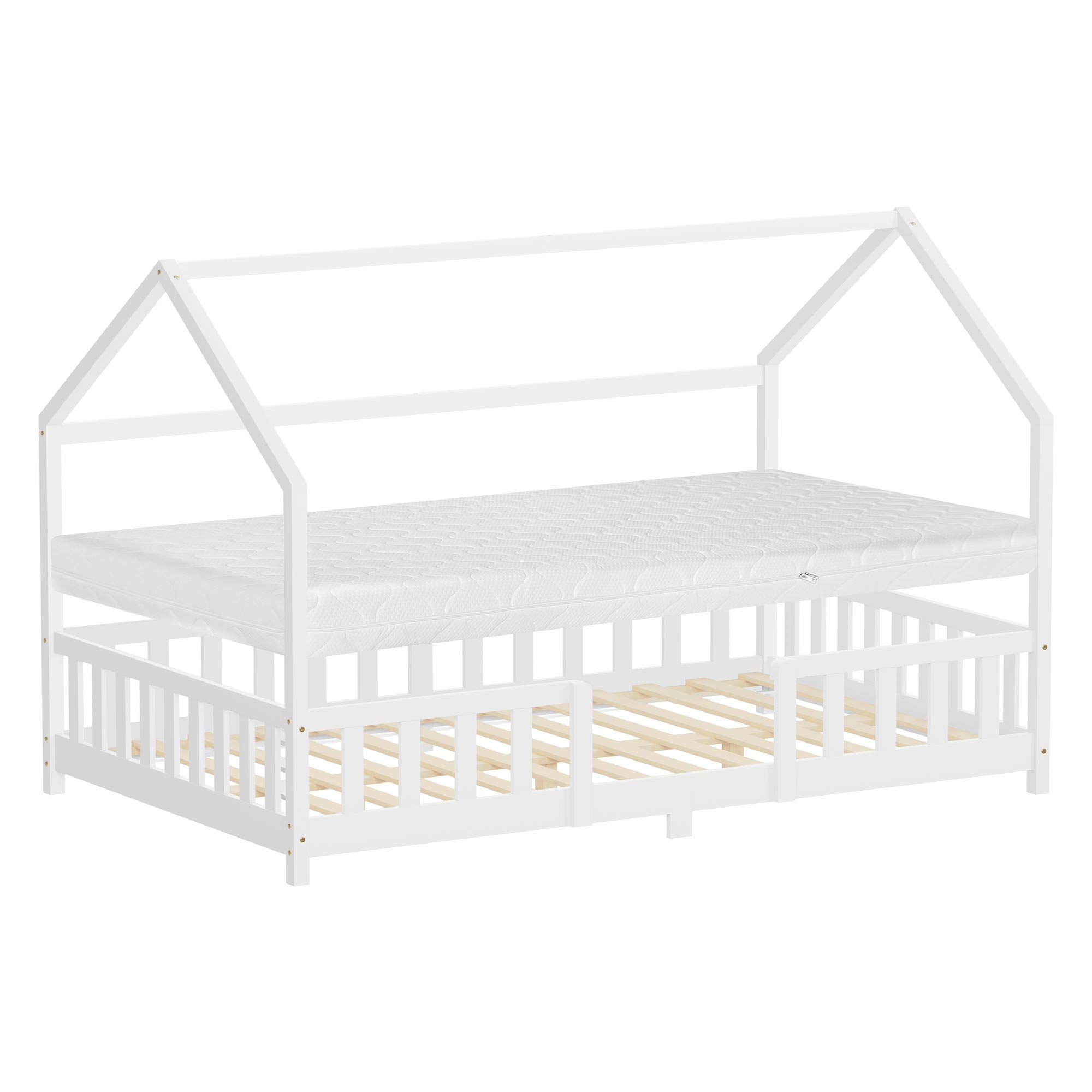Ml-design Lit Cabane Enfant 120x200 Cm Blanc Bois Massif Avec Matelas, Antichute, Toit Et Sommier À Lattes, Style Maison, Couchage Au Sol Maisonnette Lit Double Pour Chambre Fille Garçon Adolescent