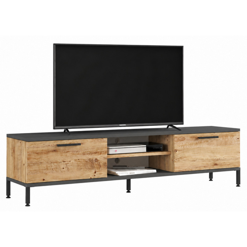 Meuble Tv Beaux Meubles Pas Chers 65 Pouces 2 Portes 4 Niches 160 X 35 X 39,1 Cm Chêne Gris Anthracite