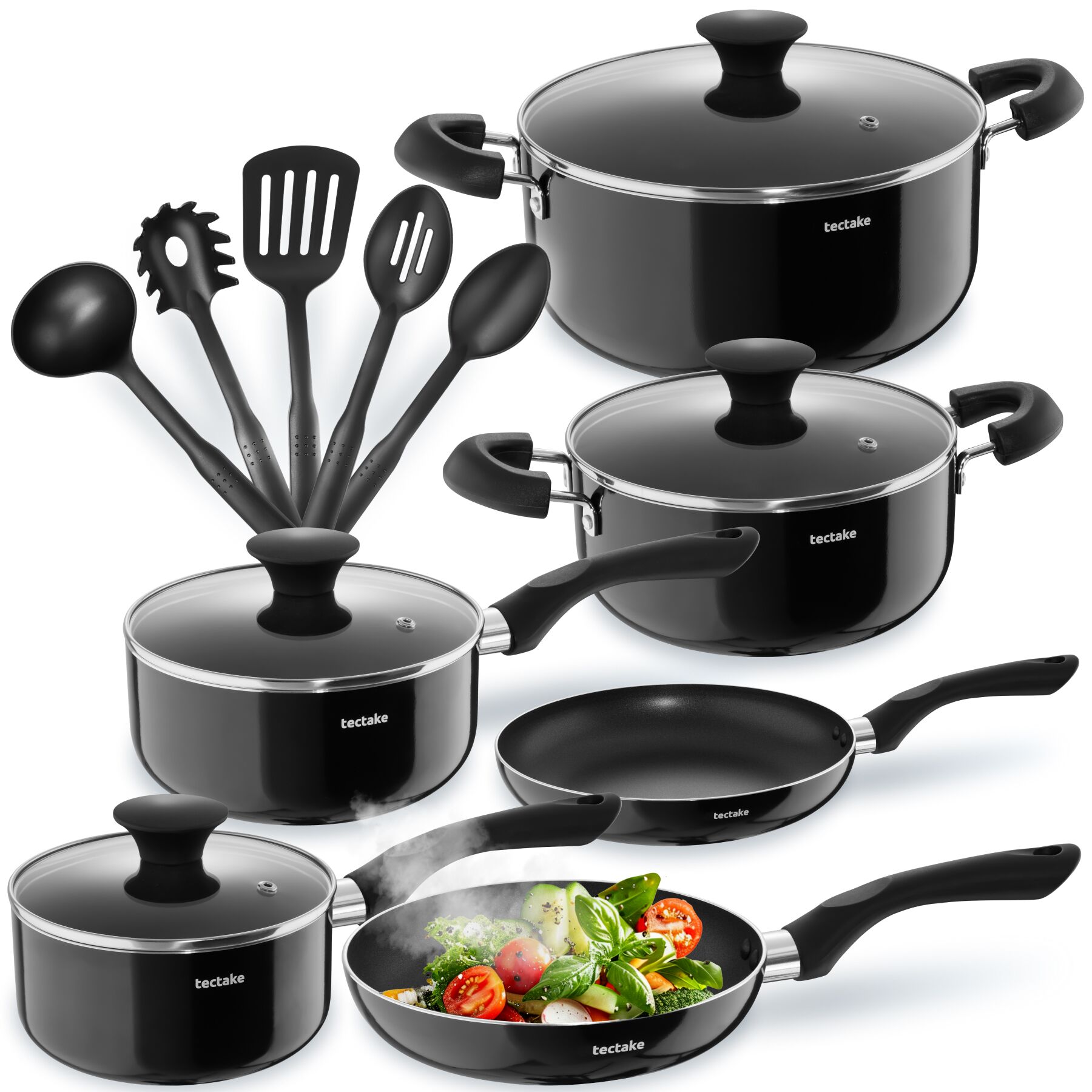 15 Pièces, Batterie De Cuisine, Aluminium, Antiadhésif, Induction Noir
