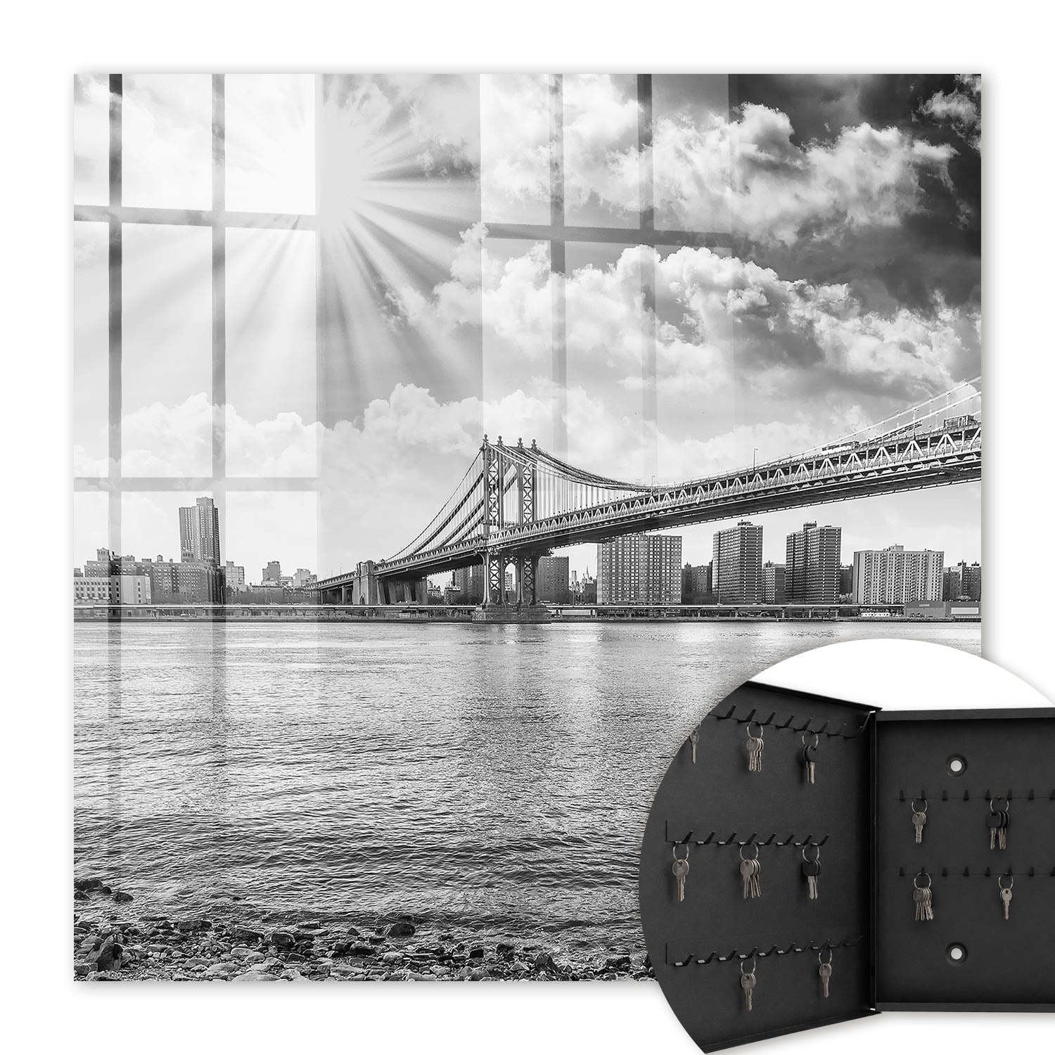 Armoire À Clés - (30 Cm X 30 Cm) - Boîte À Clés Murale - Coffret De Rangement Pour Clés - Couleur Noire - Ouverture Vers La Gauche - Pour Maison Et Bureau - La Ville Et Le Pont