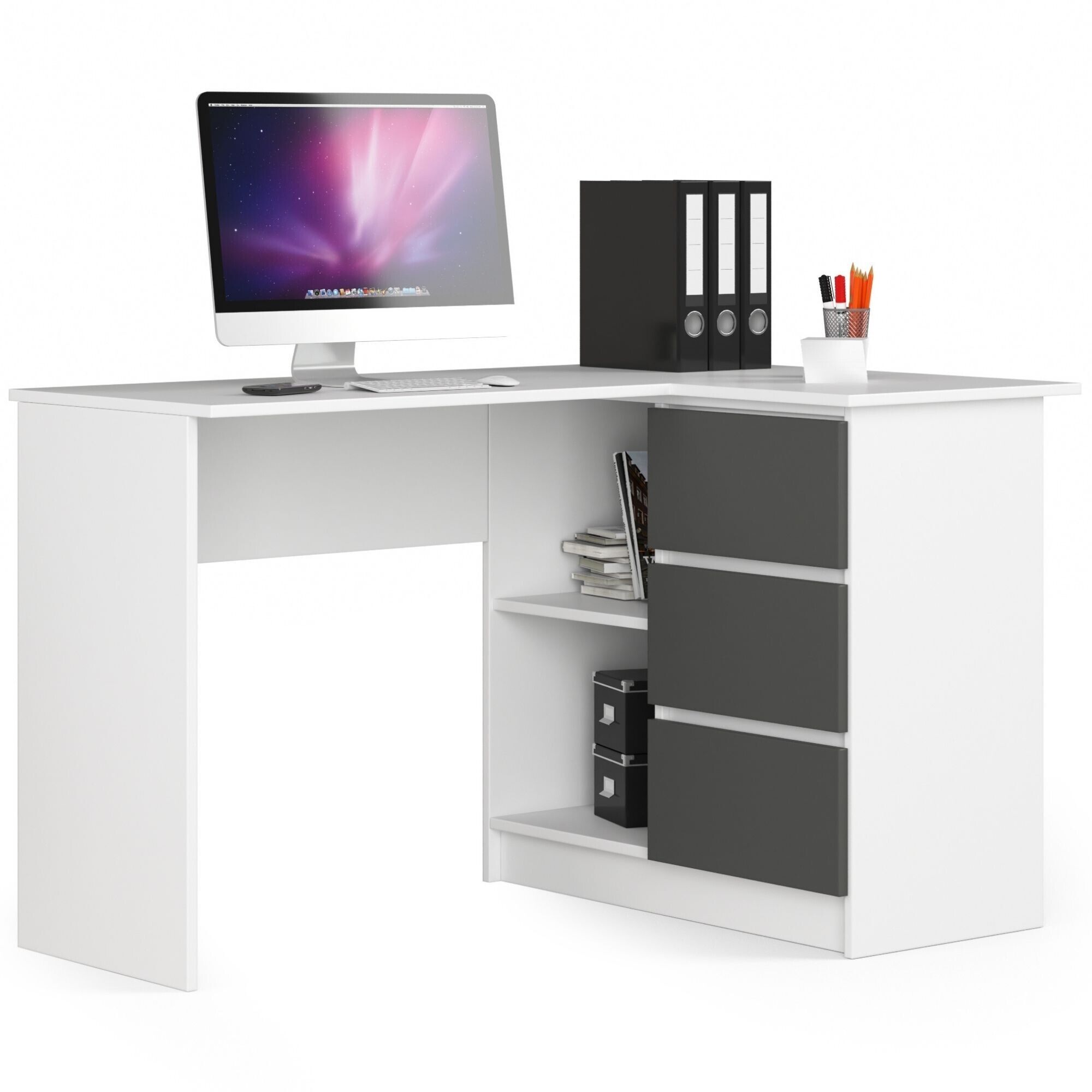Bureau Akord D'angle Droit B16 Blanc 124 Cm 3 Tiroirs Façade Gris Graphite 2 Étagères 124x85x77 Cm