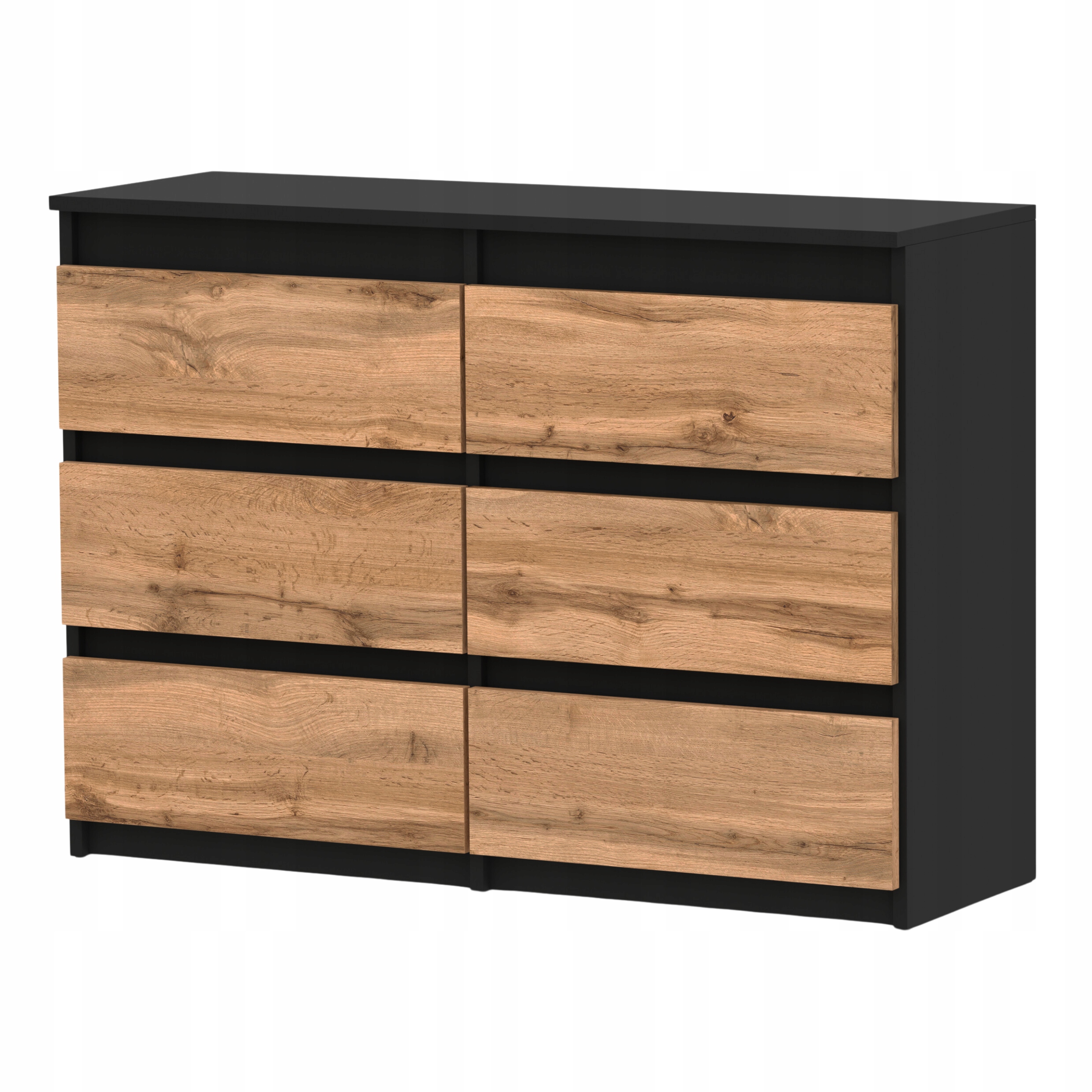 Commode Noire + Chêne Wotan 100 Cm - 6 Tiroirs - Meuble Tv Spacieux Style Loft / Salon