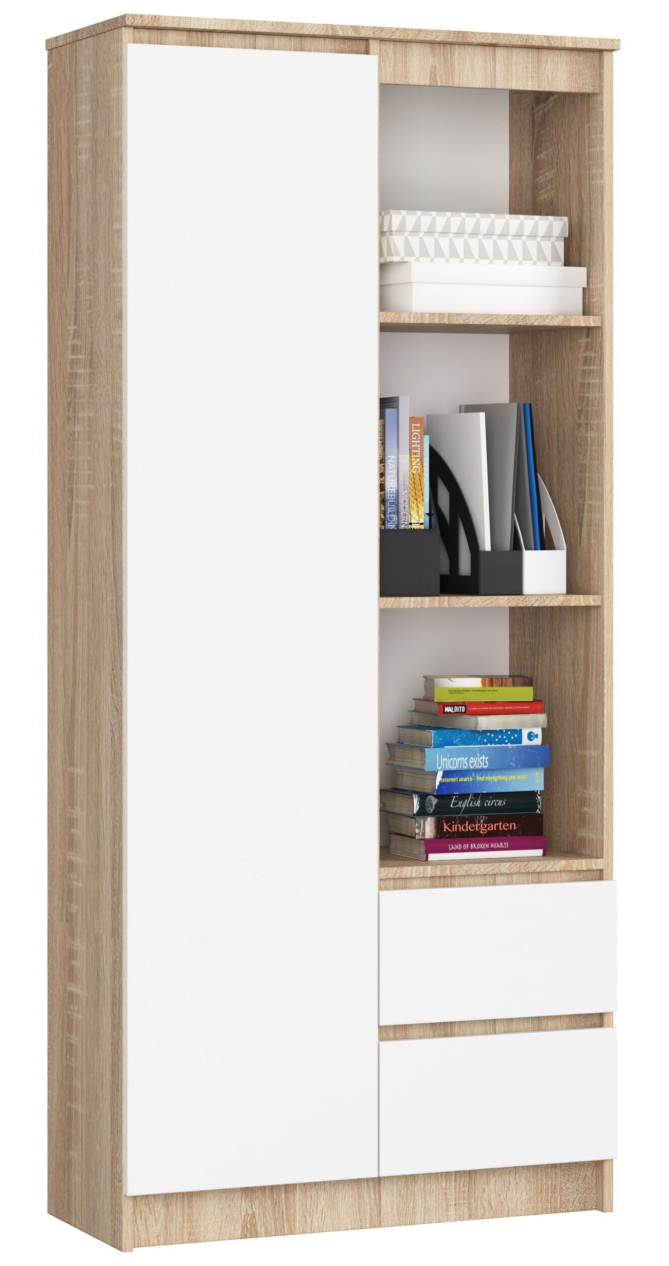 Bibliothèque De Bureau Akord R11 Chêne Sonoma 80 Cm 1 Porte 2 Tiroirs Façade Blanche 7 Étagères 80x35x180 Cm