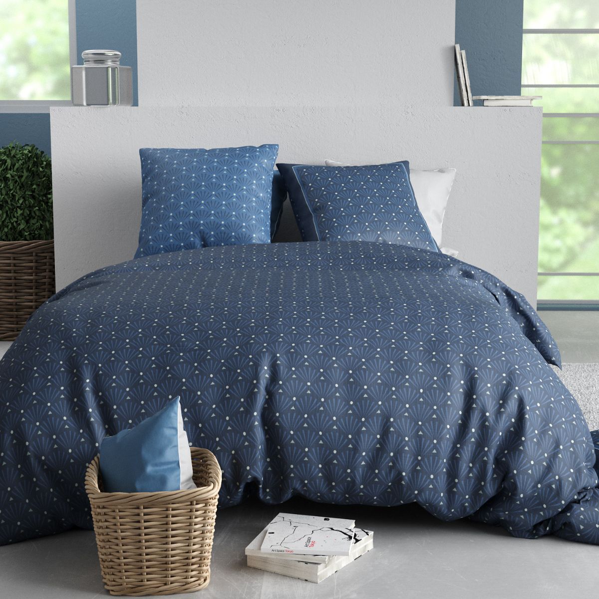 Parure Housse De Couette 240x220cm + 2 Taies Motif Graphique Bleu 100% Coton - Zumaia