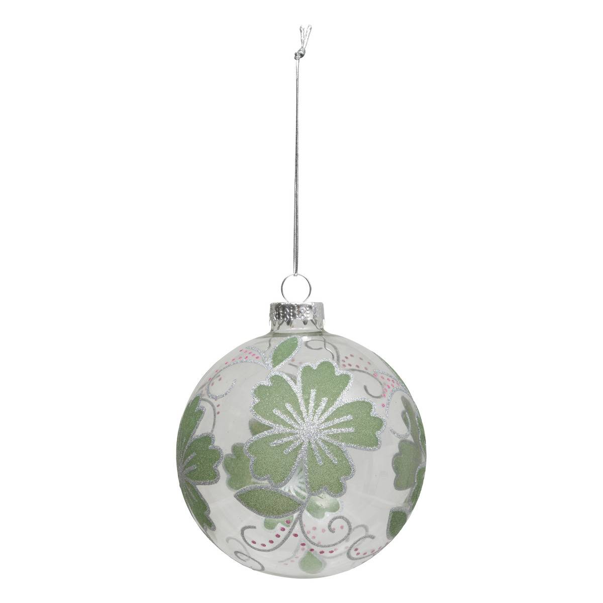 Boule De Noël En Verre Fleur Pailletée Verte D. 90 Mm - Feeric Lights & Christmas
