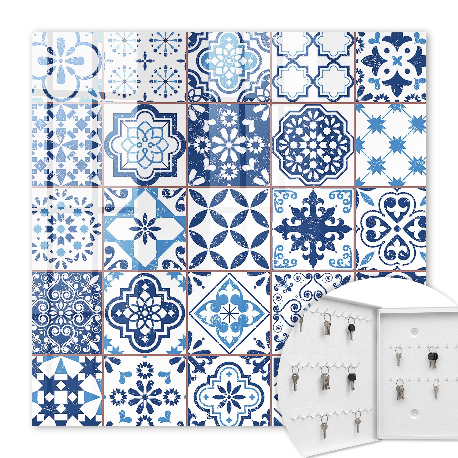 Armoire À Clés - (30 Cm X 30 Cm) - Boîte À Clés Murale - Coffret De Rangement Pour Clés - Couleur Blanche - Ouverture Vers La Gauche - Pour Maison Et Bureau - Carreaux Bleus