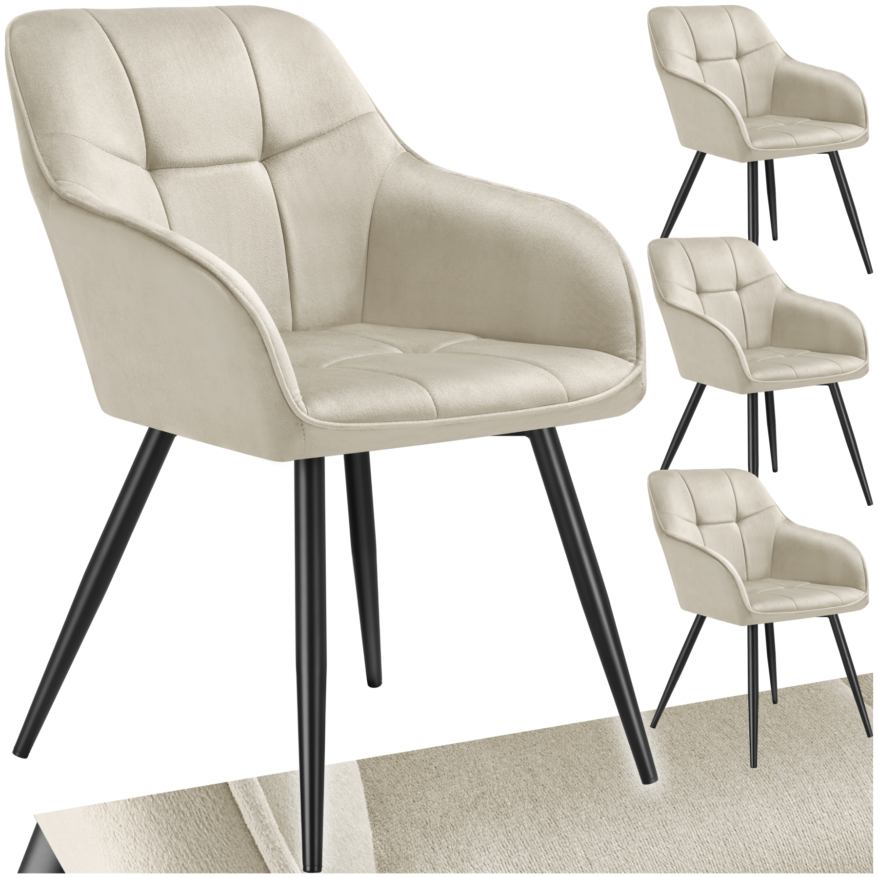 Lot 4 Chaises Rembourrées En Velours Matelassé Et Dossier Crème