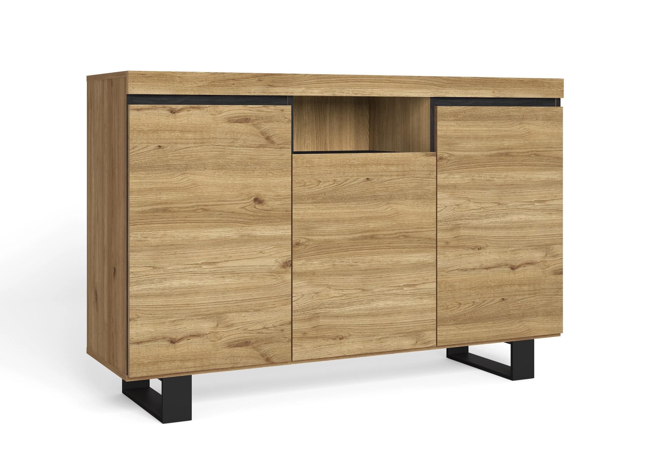 Buffet Salon Et Cuisine, 140x40x92cm, Couleur Chêne Et Noir 3 Portes 1 Compartiment