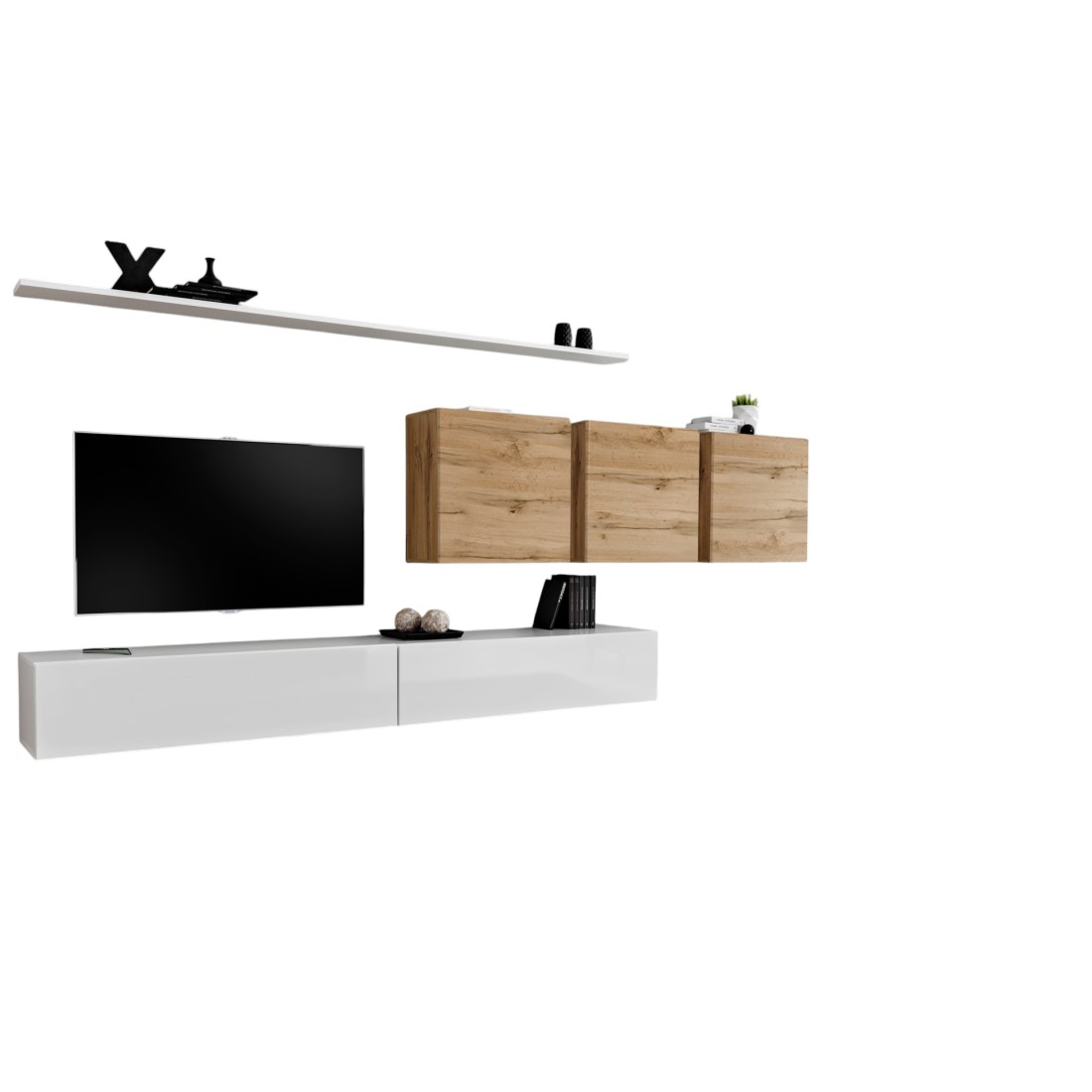 Composition Murale Switch Vii Meuble Tv Suspendu Blanc Brillant Et Chêne Wotan Design