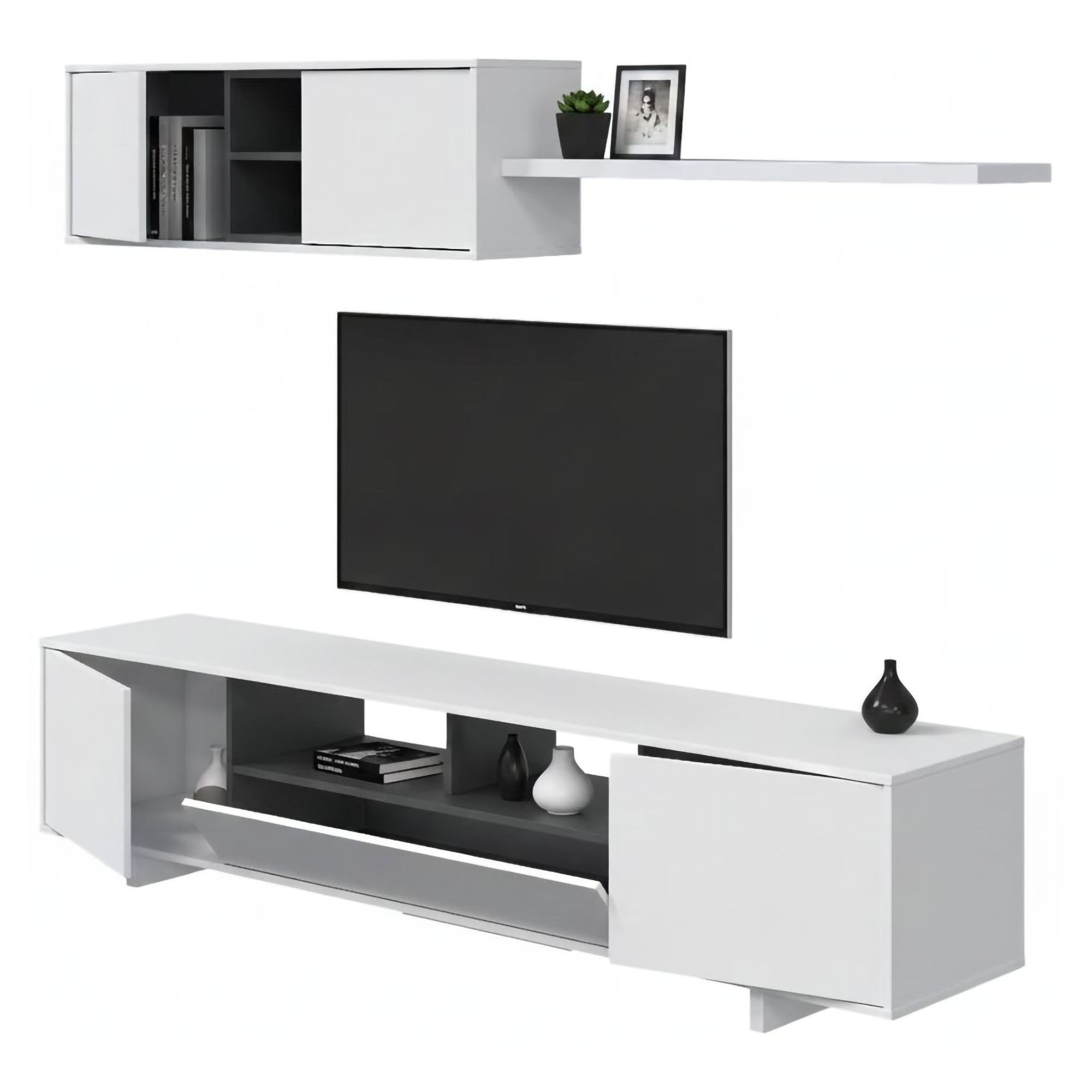 Meuble Tv Effet Bois Blanc Brillant 200x41 Cm